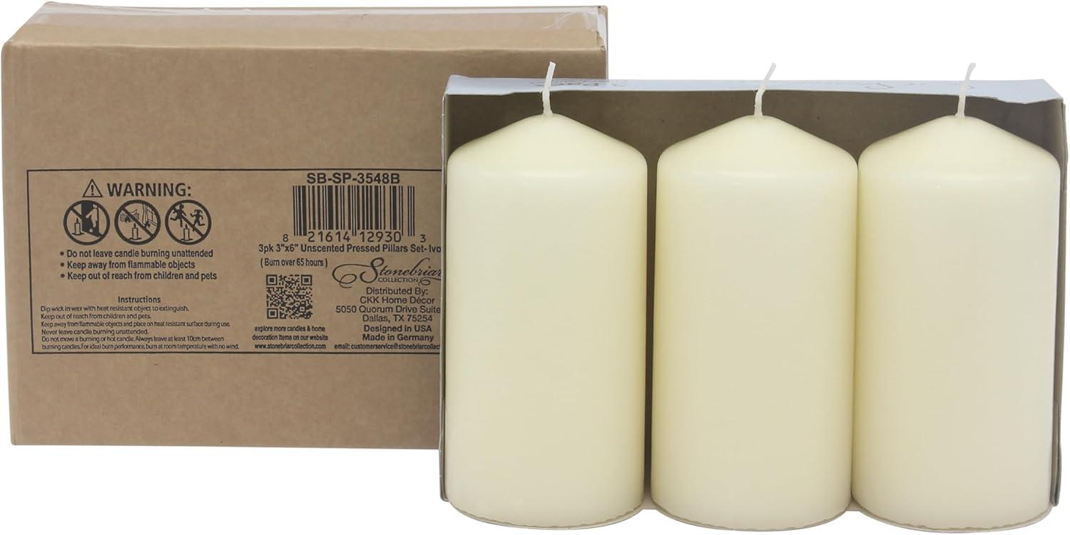 Stonebriar 3pk Tall 3'' x 6'' 65 Hour Long Burning Unscented Ivory Wax Pillar Candle
