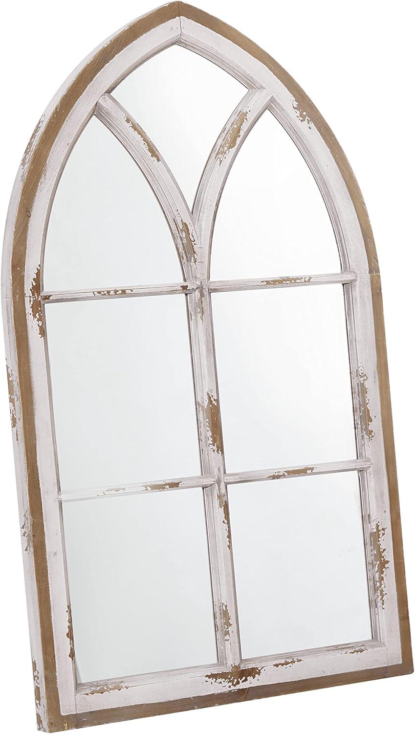 Wood Window Panes Inspired Wall Mirror with Arched Top and Distressing White/Brown - Olivia & May: Cathedral Style, Antiqued Finish