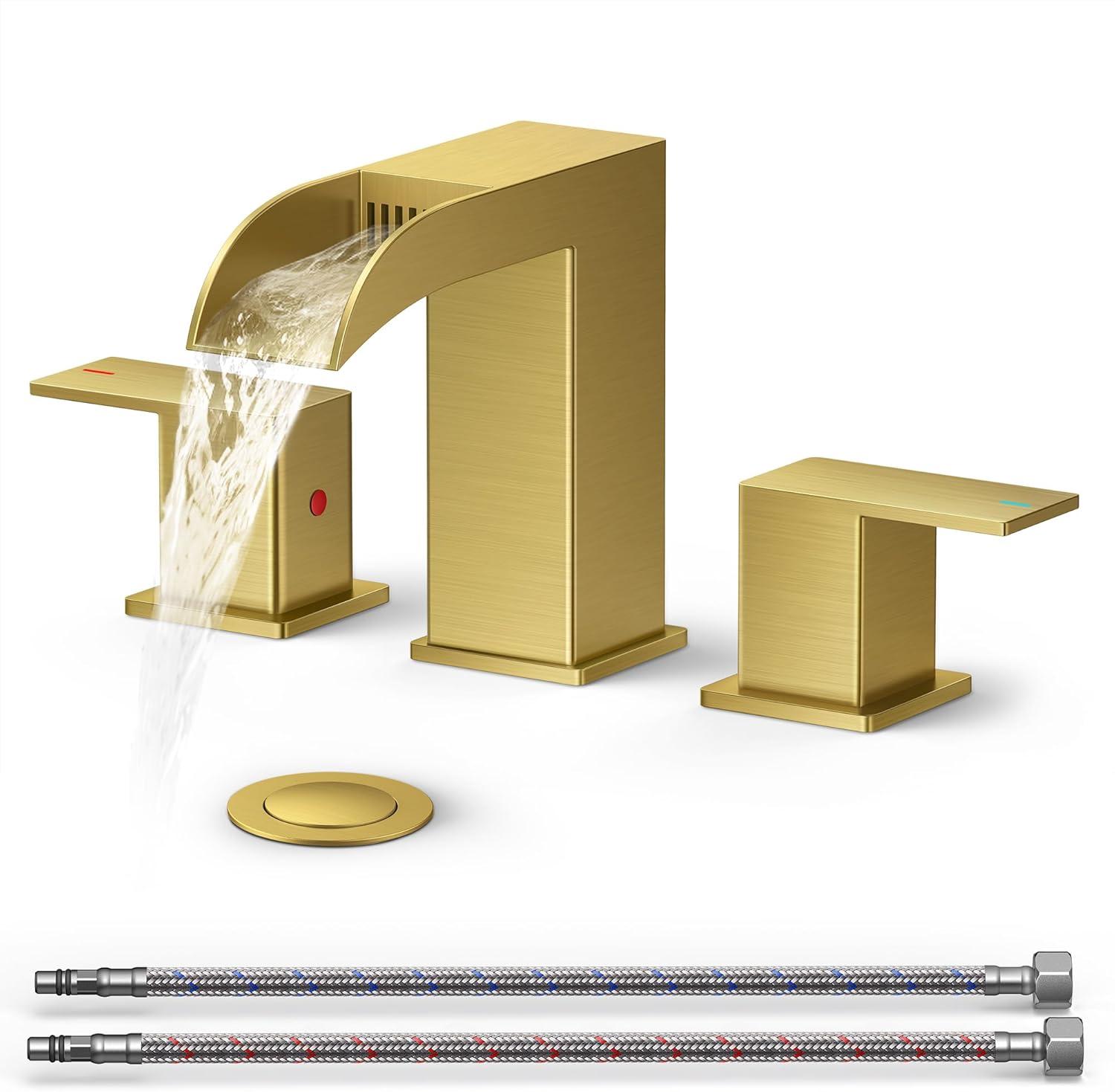 Brushed Gold 8-Inch Widespread Double Handle Waterfall Faucet