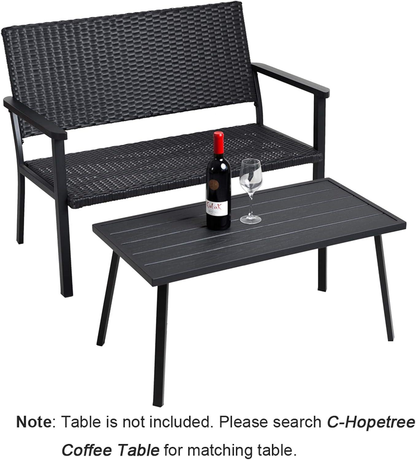 C-Hopetree Outdoor Loveseat Bench Chair for Outside Patio Porch, Metal Frame, Black All Weather Wicker