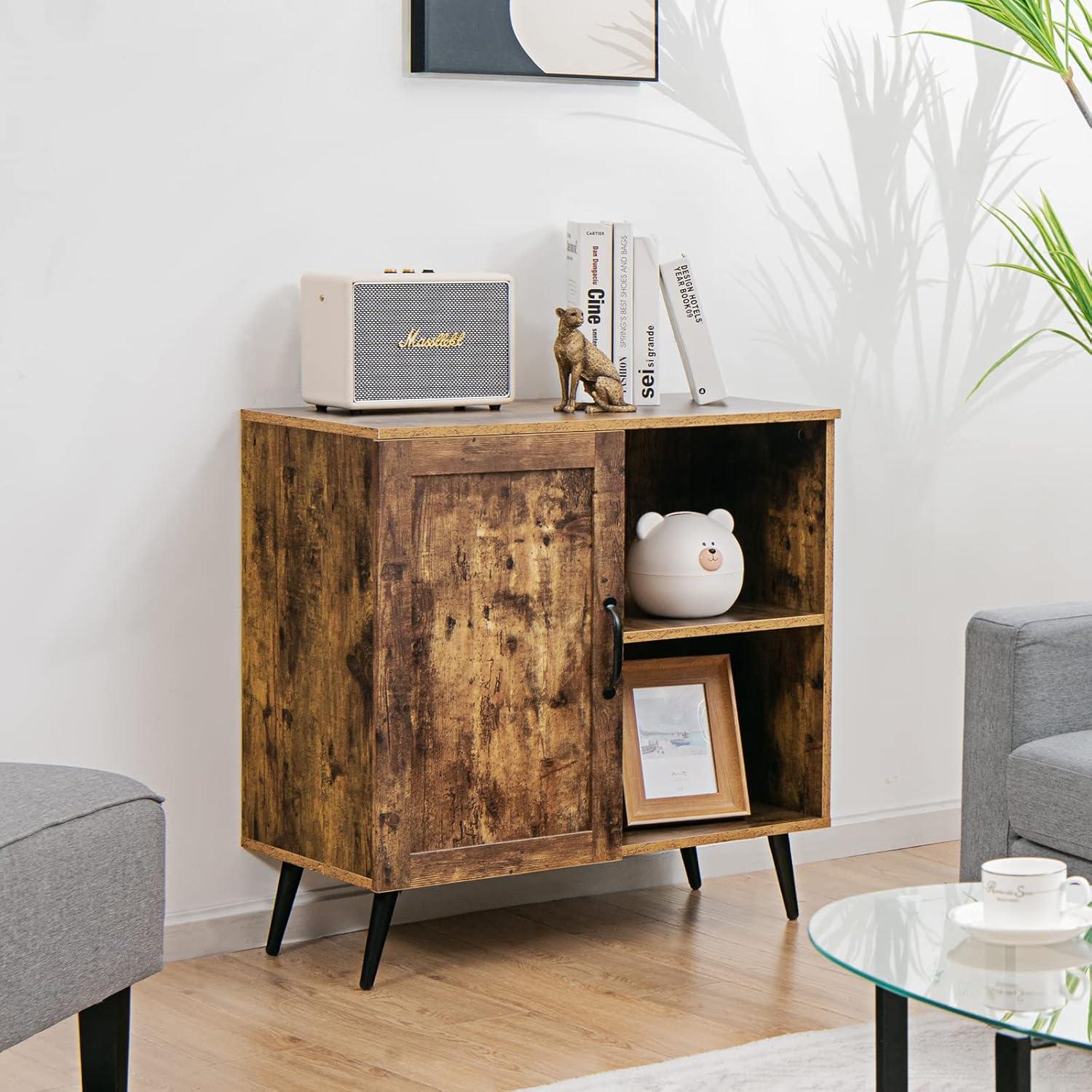 Rustic Brown Mid-Century Freestanding Storage Cabinet with Adjustable Shelves