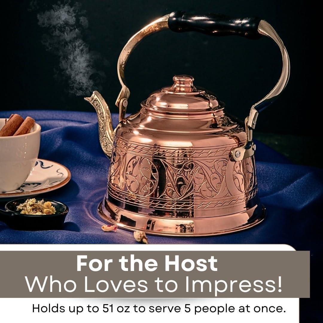 Handmade Engraved Copper Teapot with Brass Handle, 1.6-Quarts