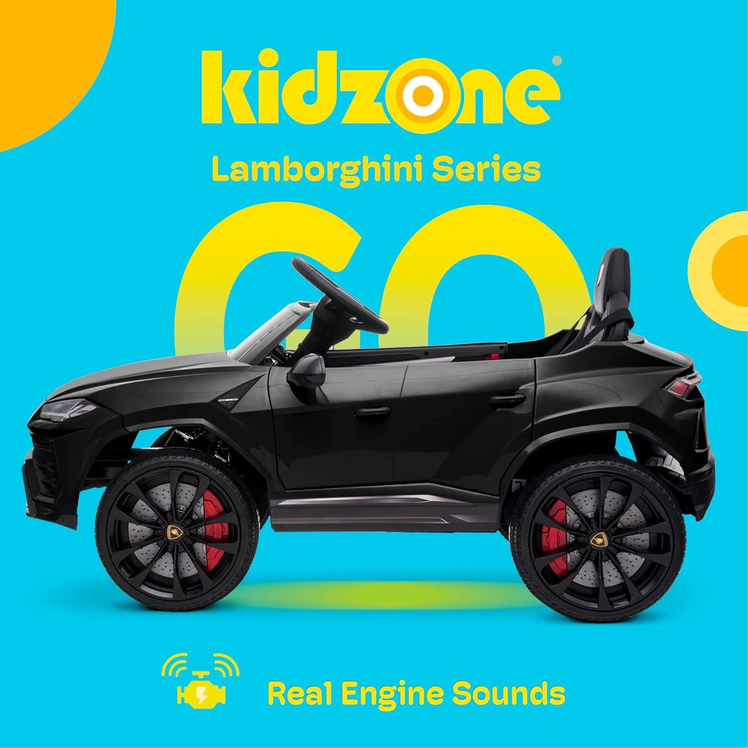 Kidzone 12V 7AH Kids Ride On Car Licensed Lamborghini Urus Electric Vehicle High/Low Speed With 2.4G Remote Control, Horn, Radio, USB, AUX, Spring Suspension, Opening Door, LED light, Black