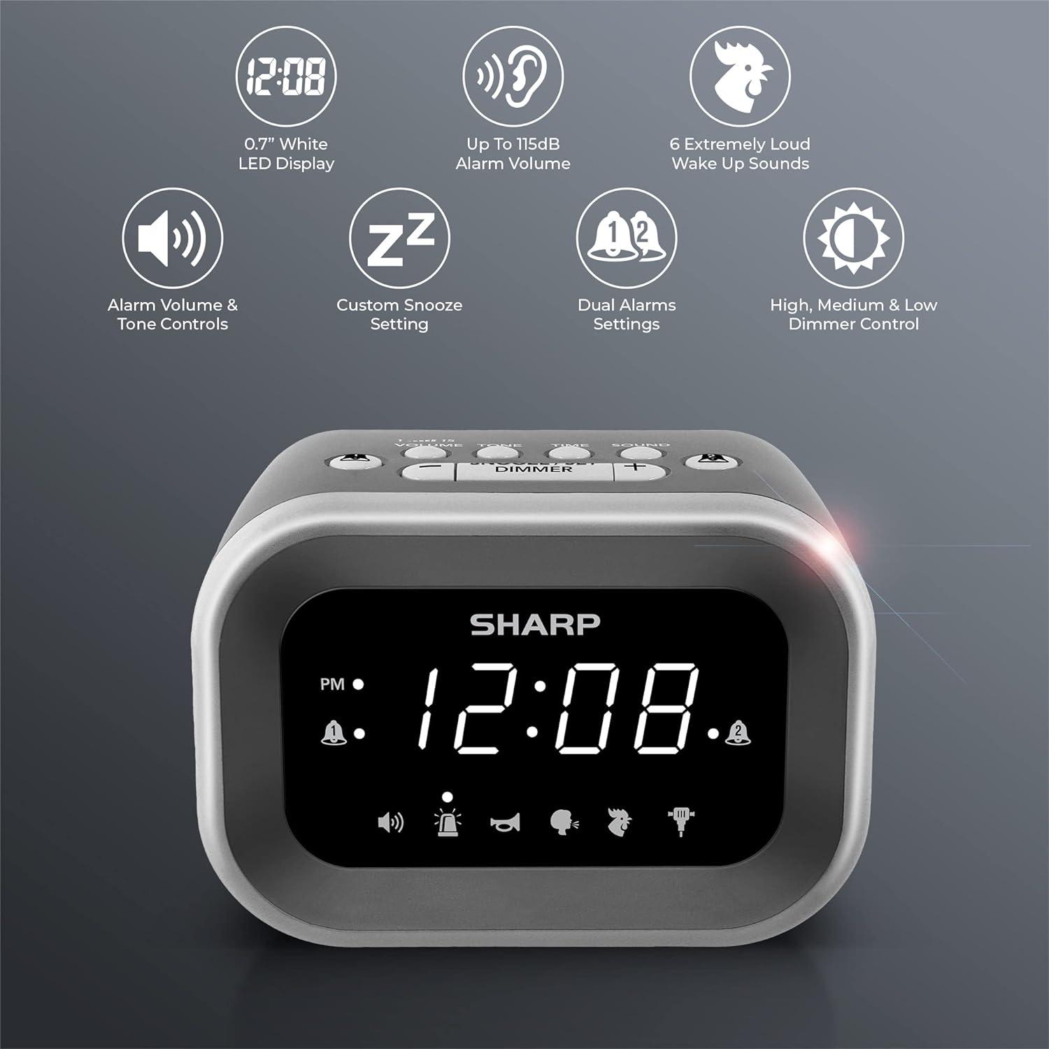 Sharp Super Loud Alarm Clock for Heavy Sleepers, 6 Extremely Loud Wake Up Sounds - up to 115db Volume