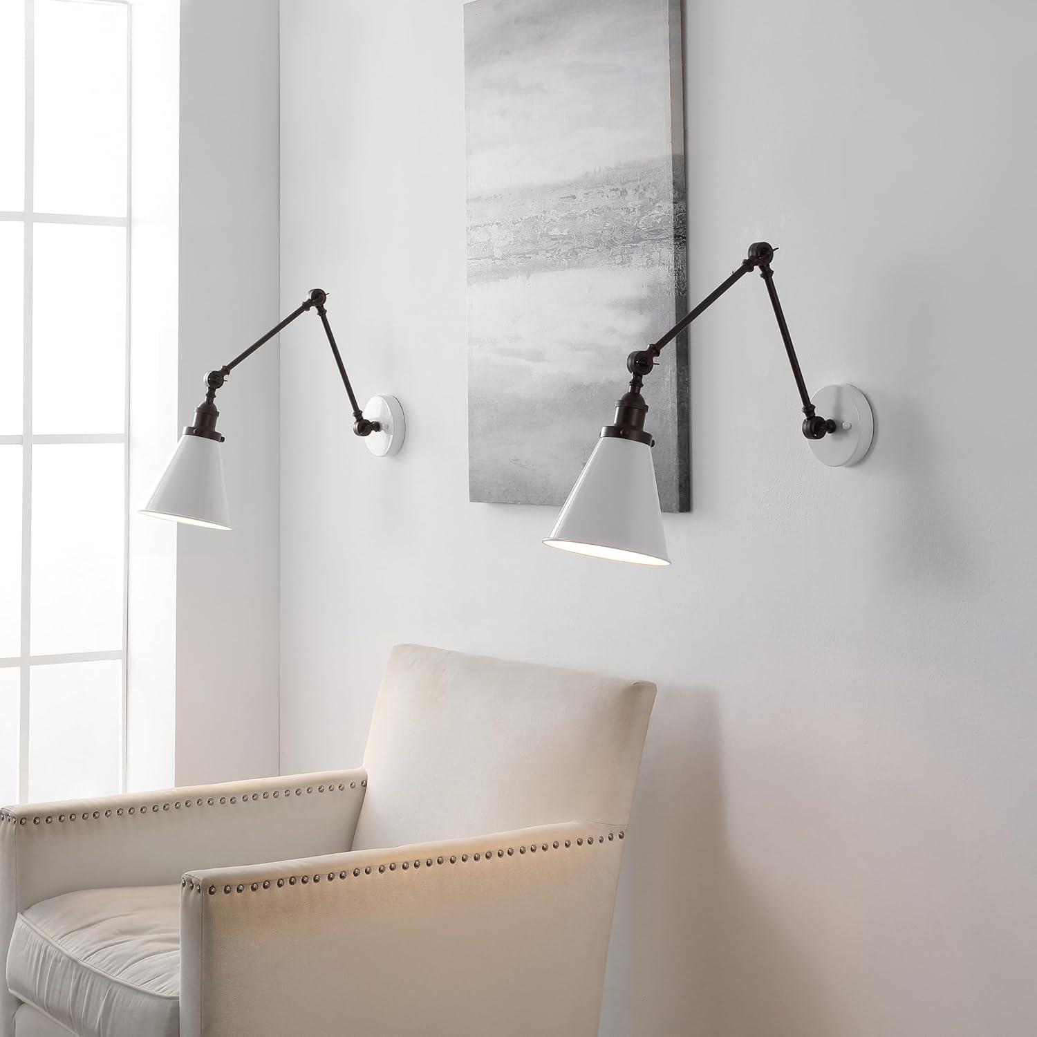 JONATHAN Y Rover 7" Classic Industrial Metal Adjustable Arm LED Wall Sconce, White/Oil Rubbed Bronze (Set of 2)