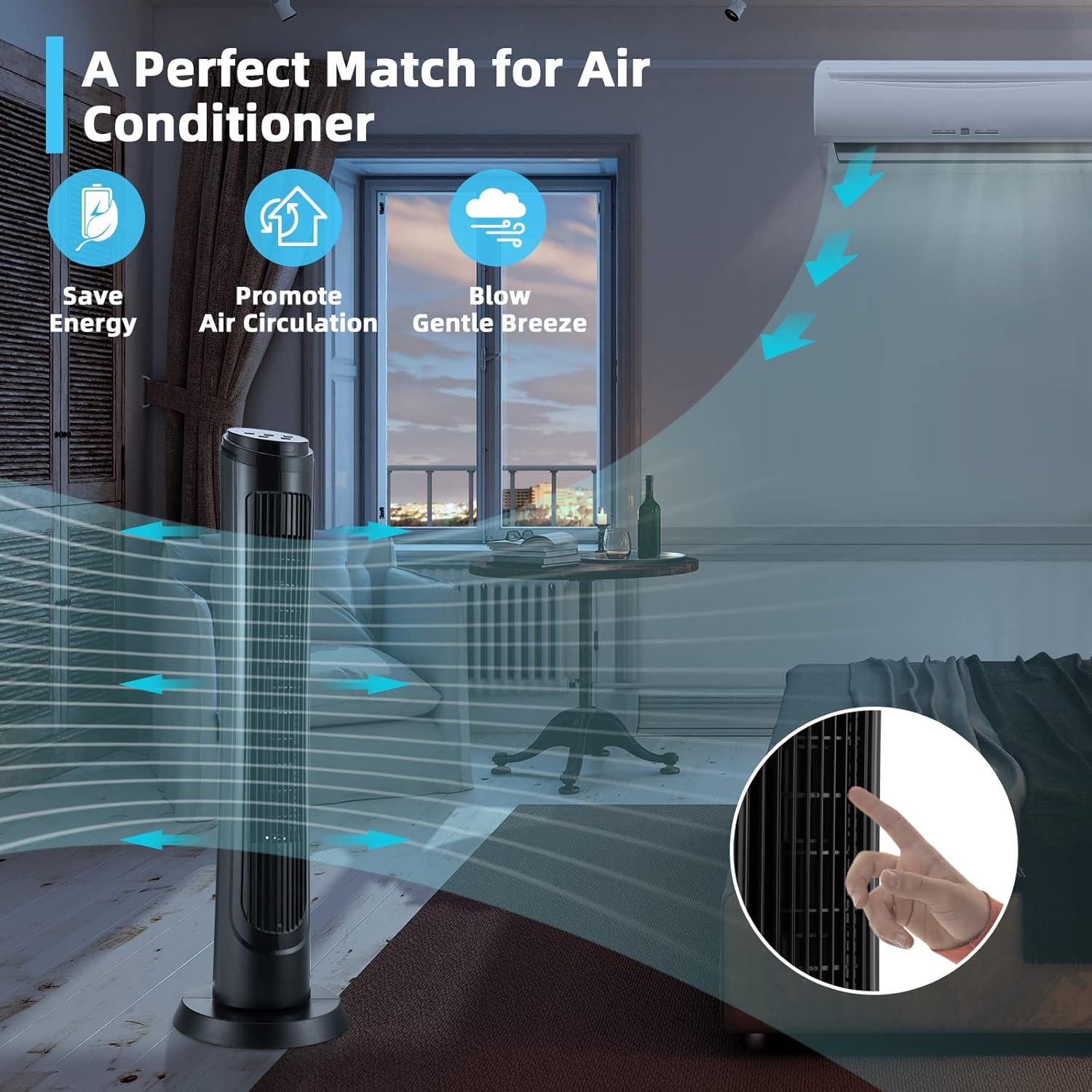 Topcobe 40" Tower Fan with Remote 75˚ Oscillating Fan with 3 Wind Modes and 4 Wind Speeds, Smart Floor Fans for Bedroom, Standing Bladeless Fan, Black