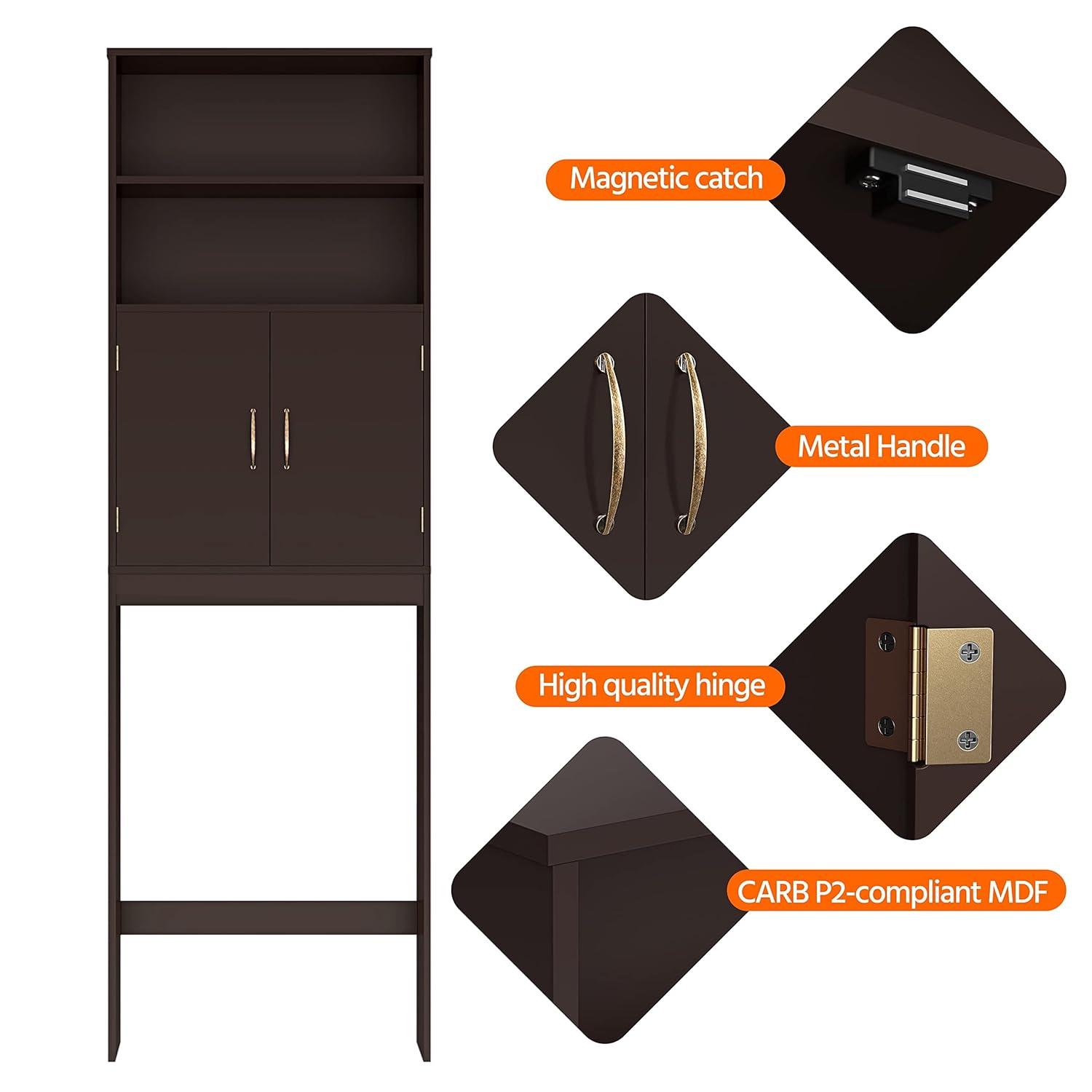 Killeryuki Over The Toilet Storage, Taller Bathroom Organizer Space-Saving Storage Cabinet with Adjustable Shelves and Double Doors, 77 in H, Espresso