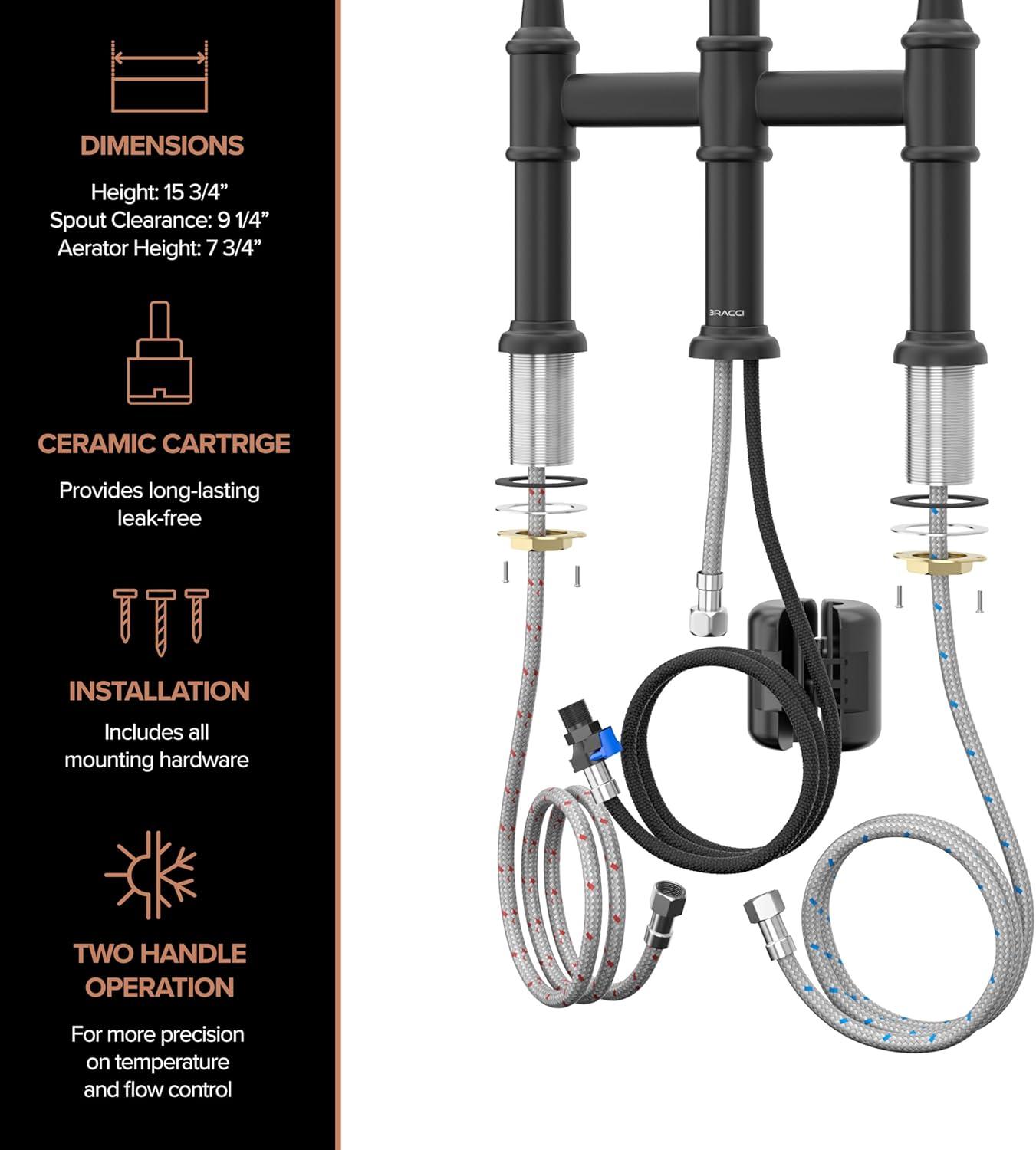 CoSoTower Double Handle Bridge Kitchen Faucet with Pull-Down Spray Head