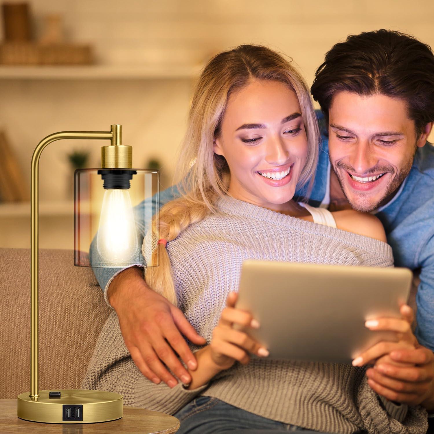 Industrial Nightstand Lamps for Bedrooms Set of 2 - Fully Dimmable Bedside Lamps with USB A C Ports and Outlet, Black Table Lamps with Clear Glass Shade for Living Room, Desk Lamps for Office Reading