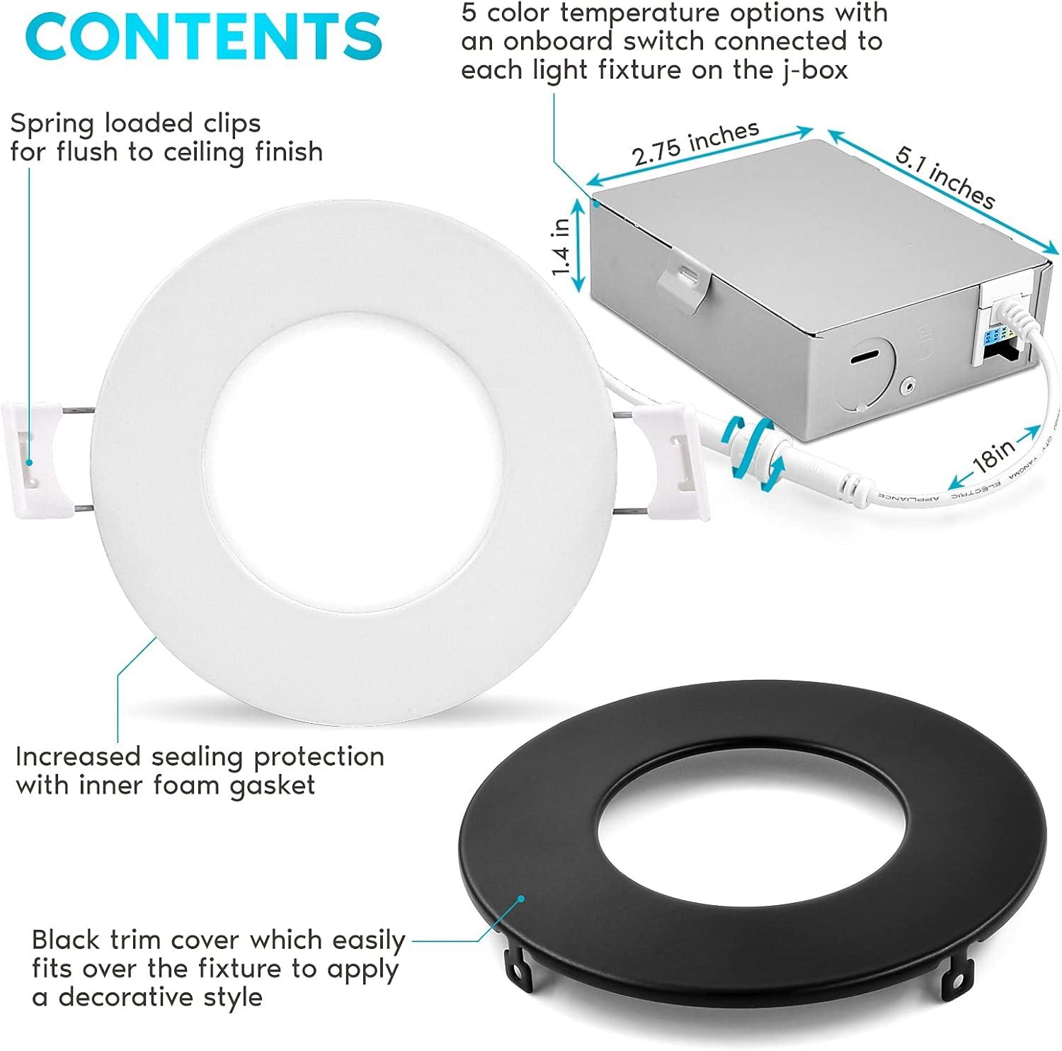 3'' Selectable Color Temperature Dimmable Air-Tight IC Rated LED Canless Recessed Lighting Kit