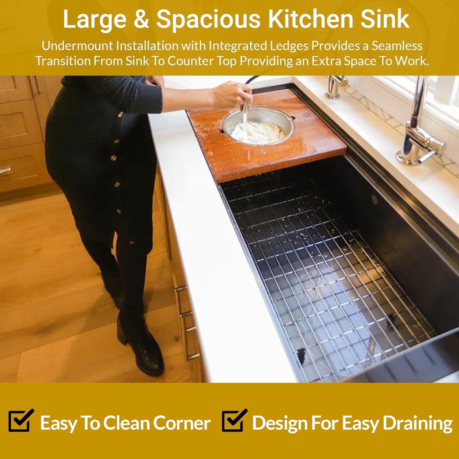 Strictly Sinks 45 Inch Black Workstation Sink - 16 Gauge Stainless Steel Sink, 2-Tier Undermount Kitchen Sink with Accessories
