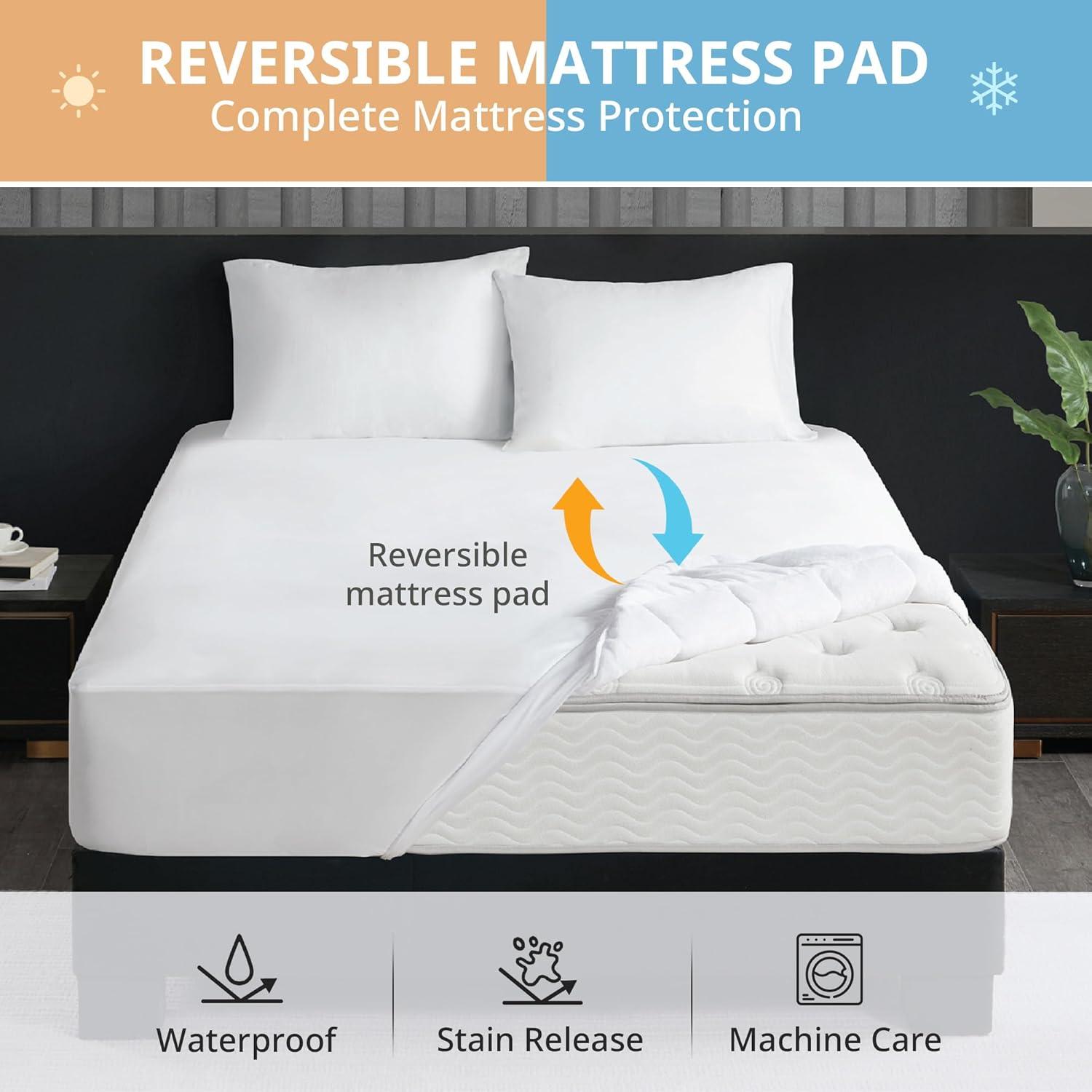 Full 2-in-1 Cool/Warm Reversible Waterproof and Stain Release Mattress Pad White: Microfiber, TESTEX Certified