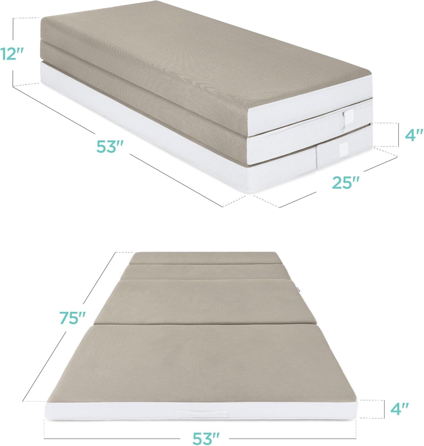 Full-Size Taupe Foldable Foam Mattress Topper with Carry Case