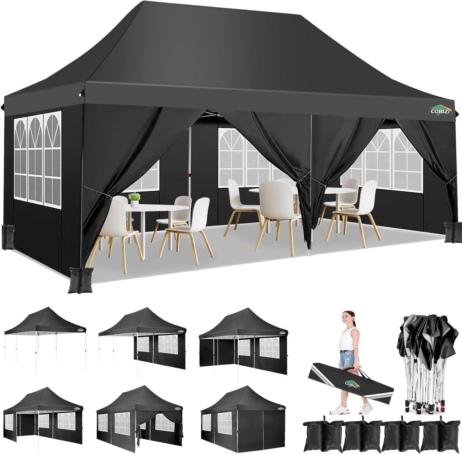 COBIZI Canopy Tent 10X20 Pop up Hollow Tent with 6 Removable Side Walls,Outdoor Event Party Canopy,Instant Portable,Suitable for Parties,Weddings,Camping and Beaches,with Wheeled Bag,Black