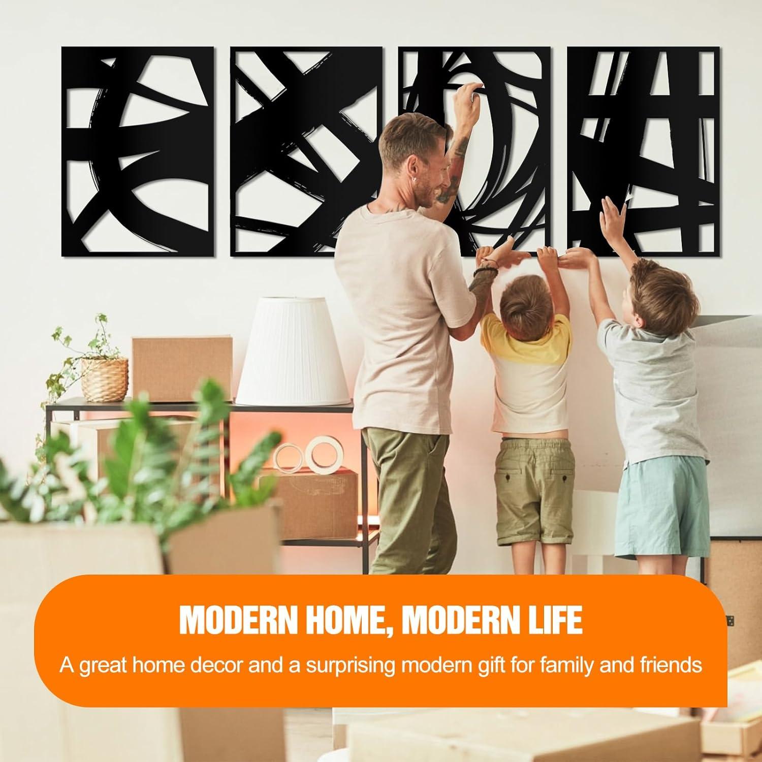 WINUSD 4Pcs Abstract Black Metal Wall Art, 3D Textured Metal Wall Decor, Modern Hollow Out Design Metal Wall Sculptures, Minimalist Line Art Home Decor for Living Rooms Offices Restaurants(16 x 11)