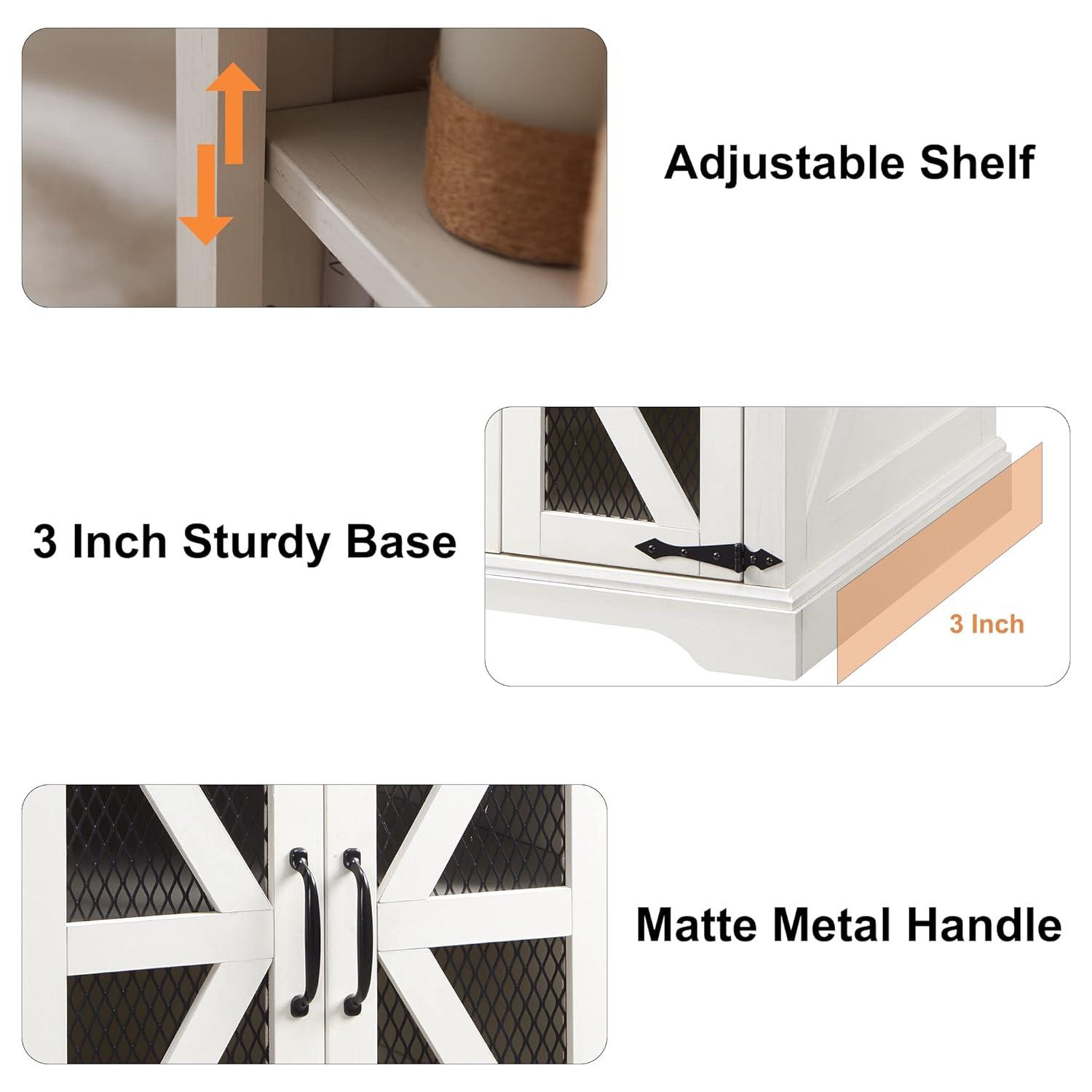 JXQTLINGMU Farmhouse End Table, 24" Large Sofa Side Table with Charging Station, Mesh Barn Door, and Adjustable Storage Shelf, Rustic Wood Square Nightstand for Living Room, Bedroom, Office, White