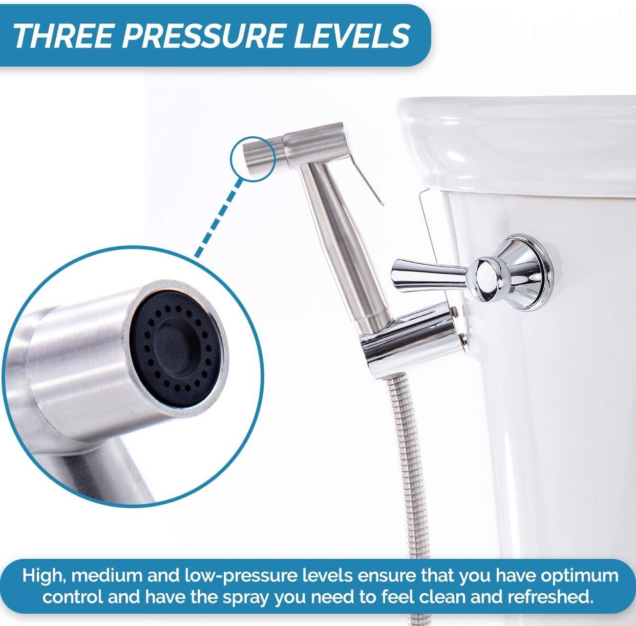 Bidet - Stainless Steel - Hand-Held Sprayer Attaches to Toilet - 59-Inch Hose Convenient for Additional Cleaning Activities - Three Pressure Levels - Toilet Hook Holder - Brushed Finish