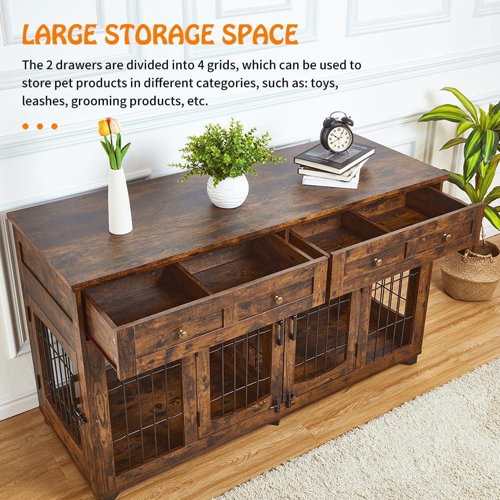 Dog Crate Furniture with 5 Doors, 58" Wooden Dog Kennel End Table with Large Capacity Drawers, Dog House with Openable Divider for Small/Medium/Large Dog,Dog Cage,Side End Table,Rustic Brown