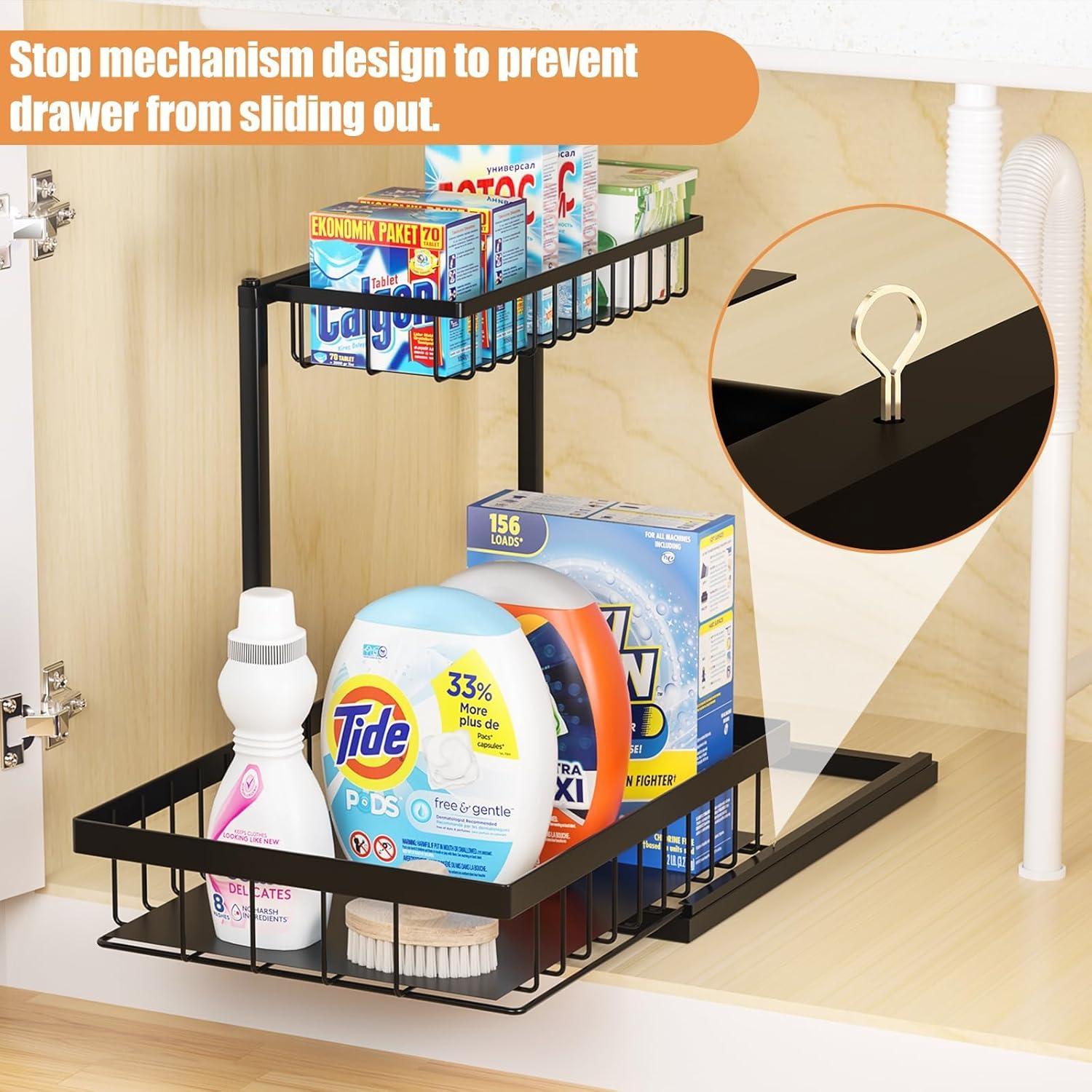 DELAMU 2 Pack Under Sink Organizers and Storage, Pull Out Trash Can Under Cabinet, 2 Tier Bin Organizer with Hooks and Haning Cups, Multi-Purpose Sliding Under Cabinet Organizer