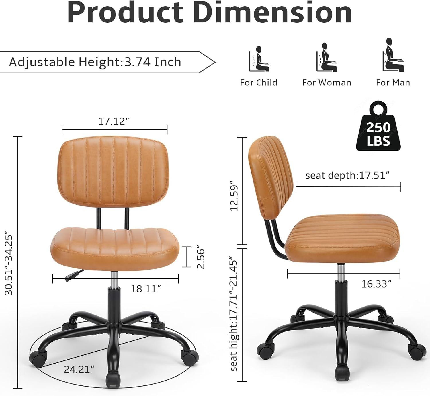 Armless Home Office Chair Ergonomic Desk with Comfy Low Back Lumbar Support, Height Adjustable PU Leather Computer Task with 360° Swivel Wheels, for Small Space, Kids and Adults, Brown