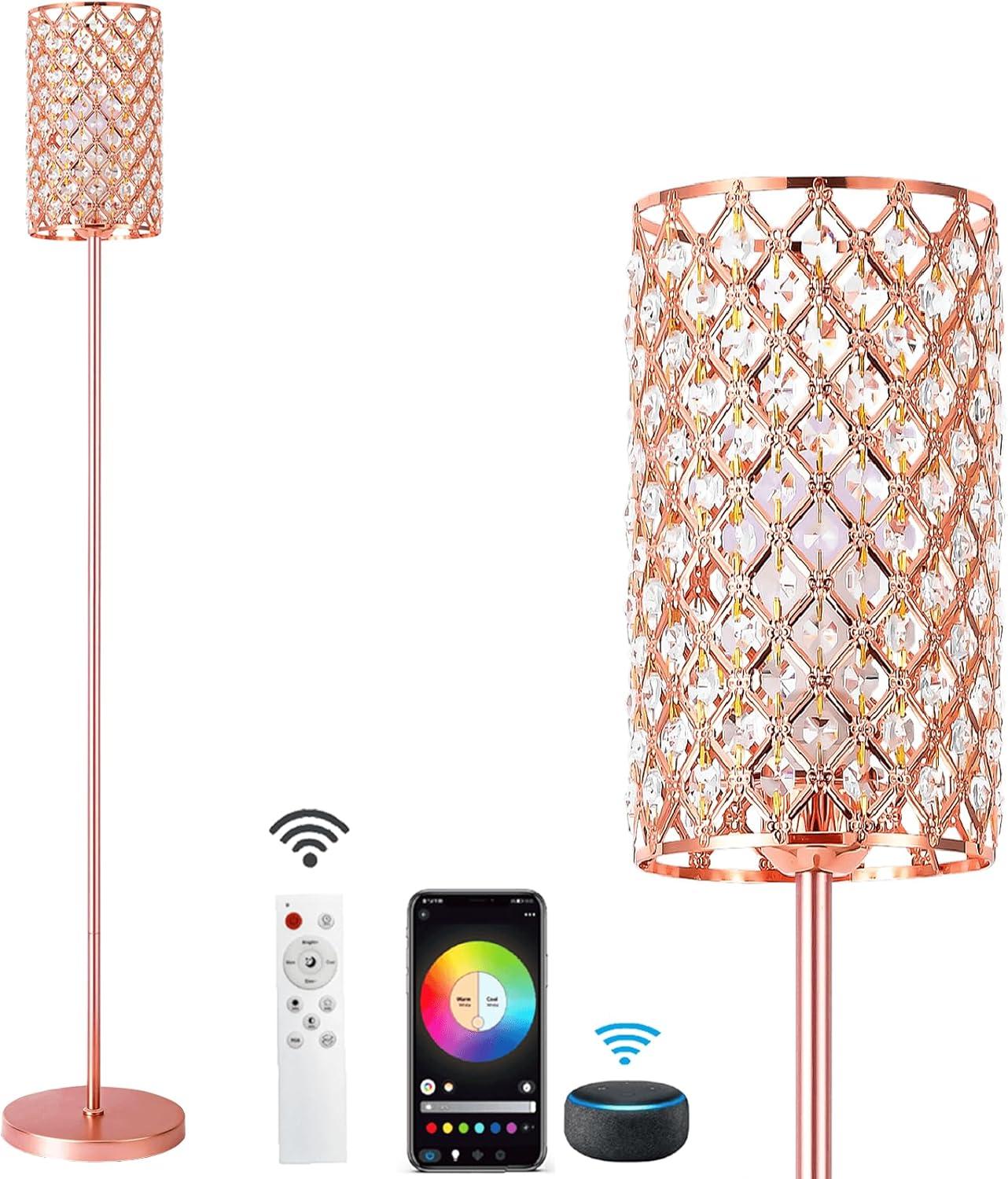 Crystal Floor Lamp with Remote Control, Smart Rose Gold Floor Lamps for Living Room with Bulb Included, Crystal Standing Lamp Rose Gold Home Décor Floor Lamp for Bedroom