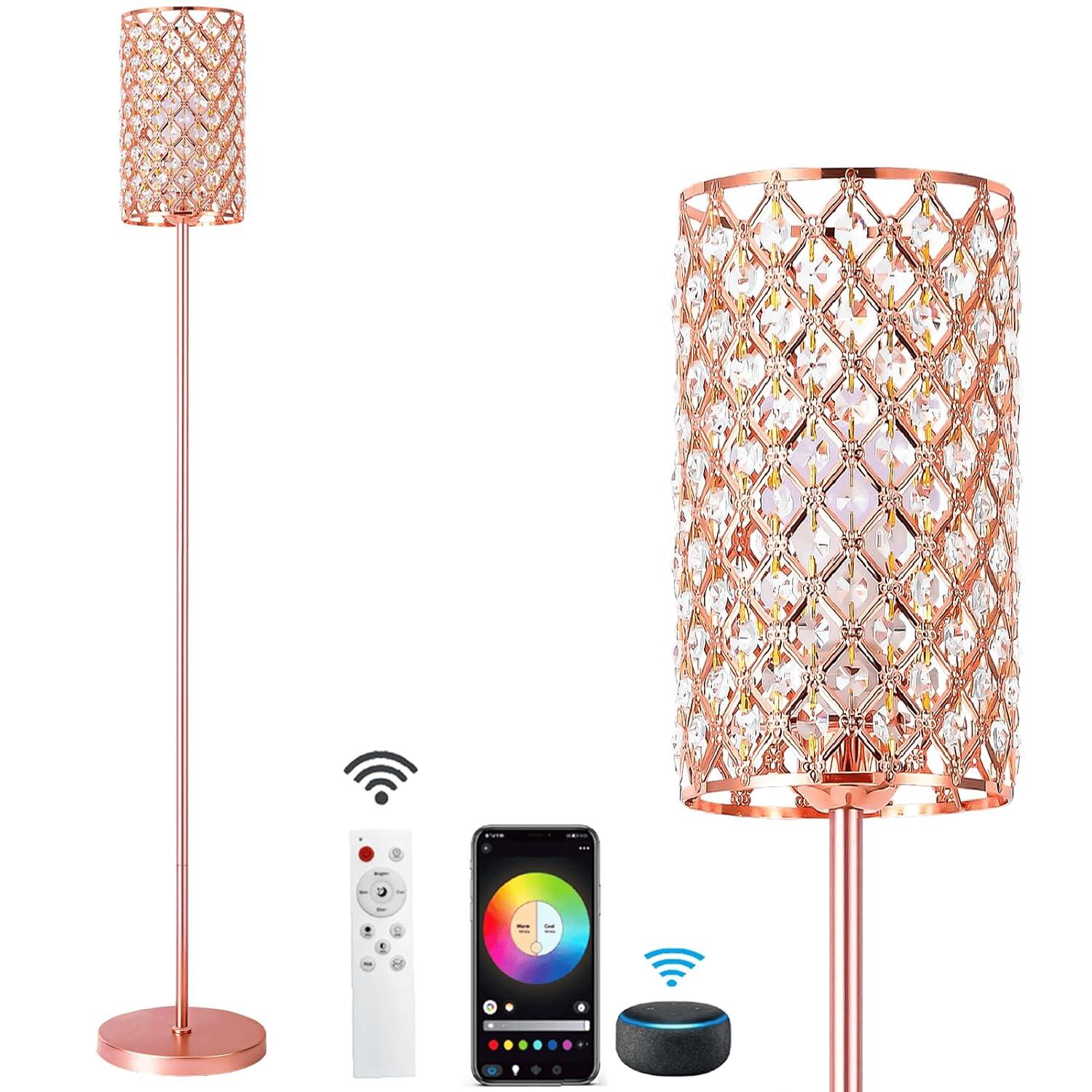 Crystal Floor Lamp with Remote Control, Smart Rose Gold Floor Lamps for Living Room with Bulb Included, Crystal Standing Lamp Rose Gold Home Décor Floor Lamp for Bedroom