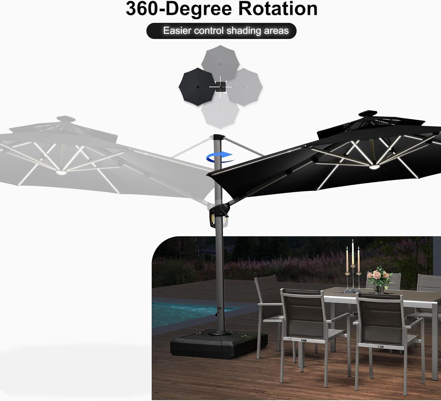 PURPLE LEAF 12-ft Aluminum Black Crank Cantilever Patio Umbrella with Lights