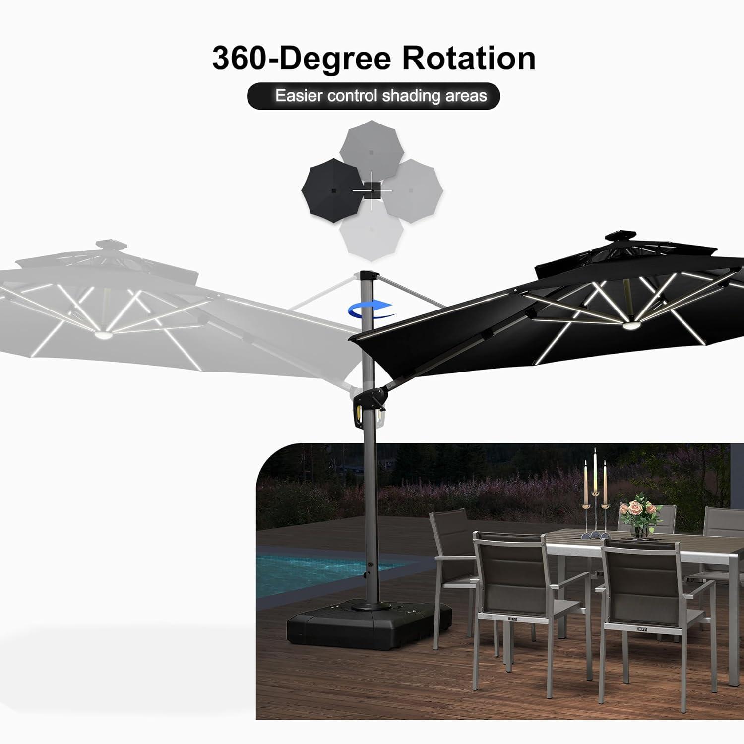PURPLE LEAF 12-ft Aluminum Black Crank Cantilever Patio Umbrella with Lights