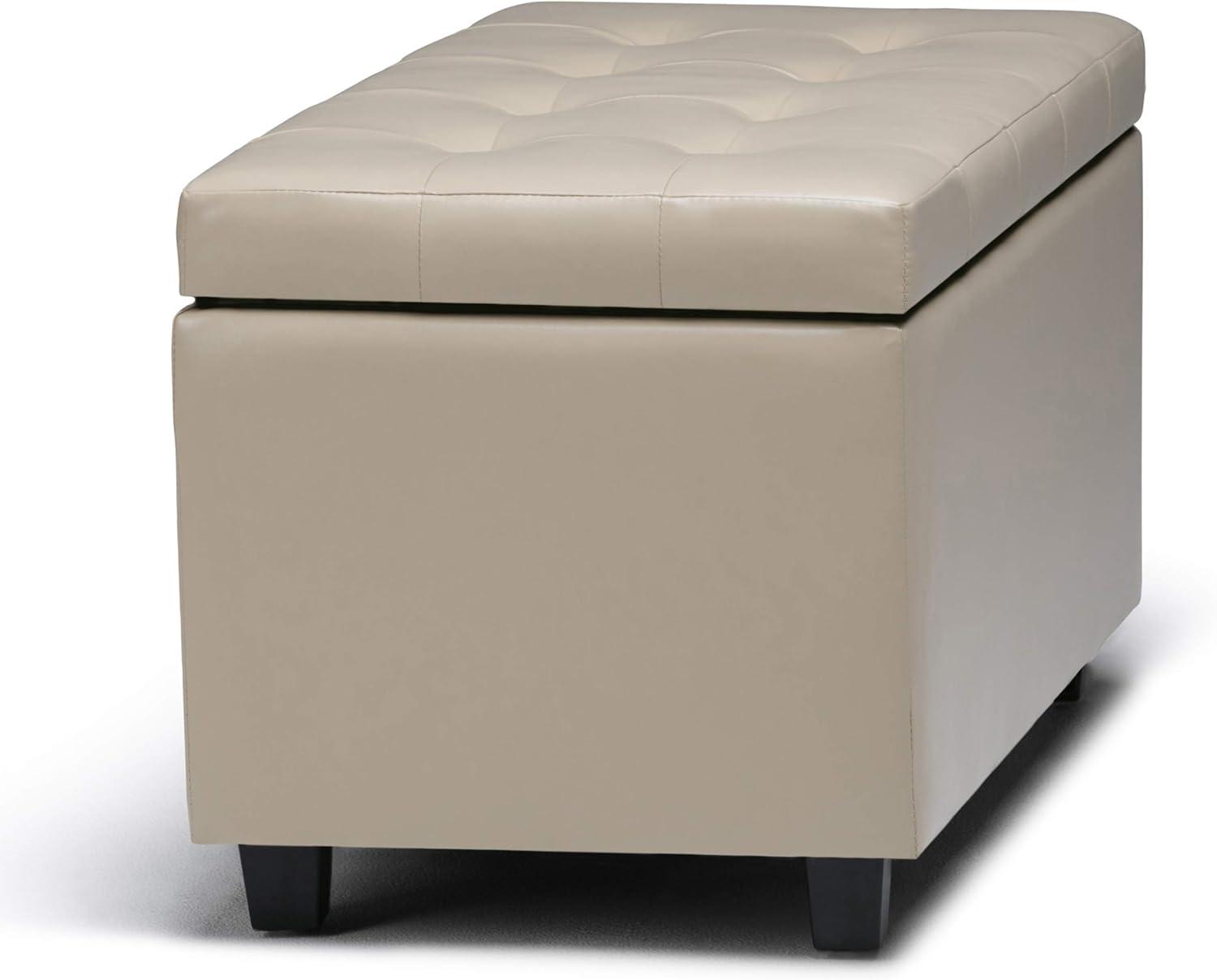 Simpli Home Cosmopolitan Storage Ottoman In Satin Cream Vegan Faux Leather