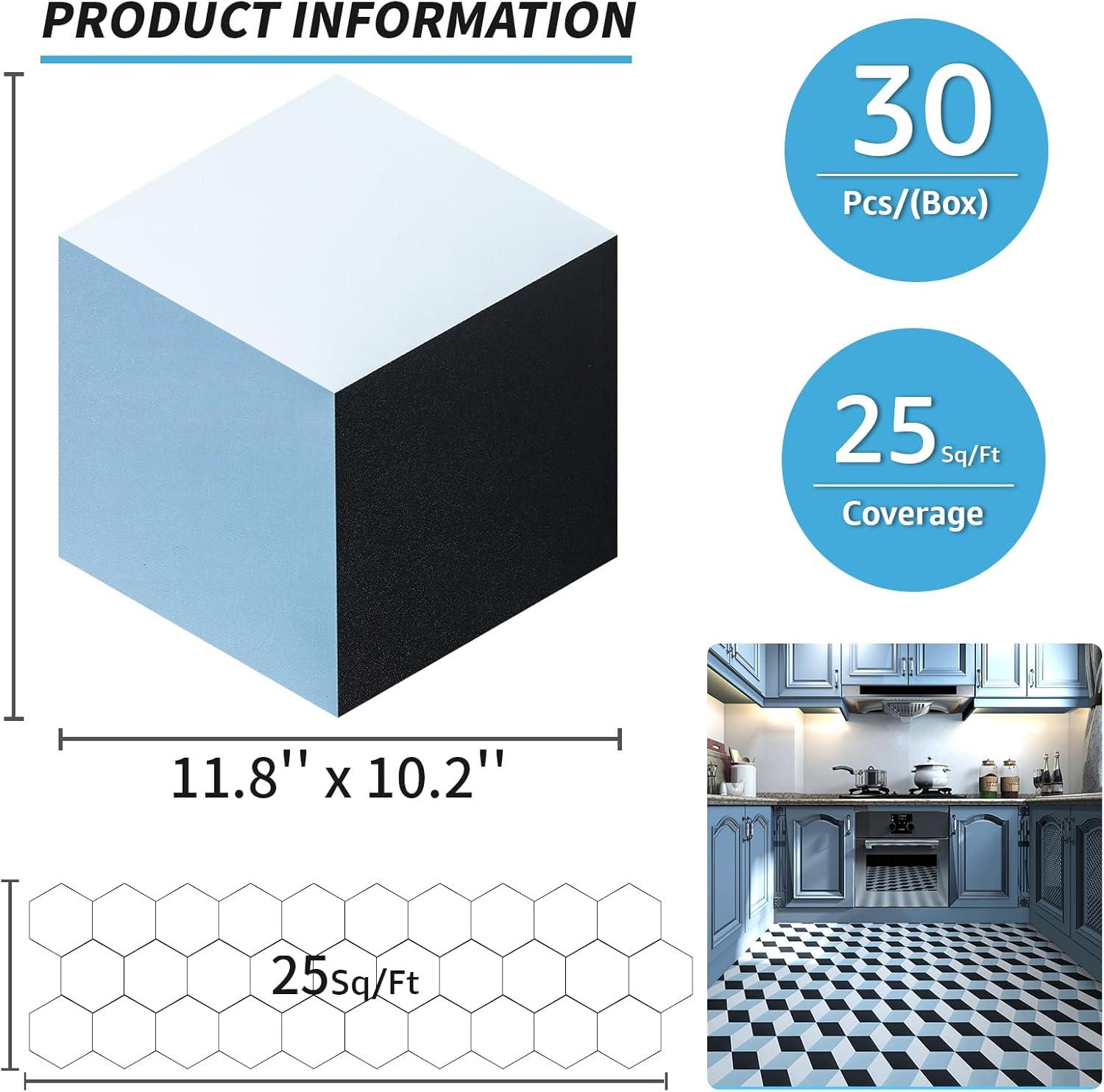 Art3d 30-Pack 11.8" x 10.2" Black Marble Hexagon Peel and Stick Flooring Tile, Self Adhesive Waterproof Vinyl Floor Tile
