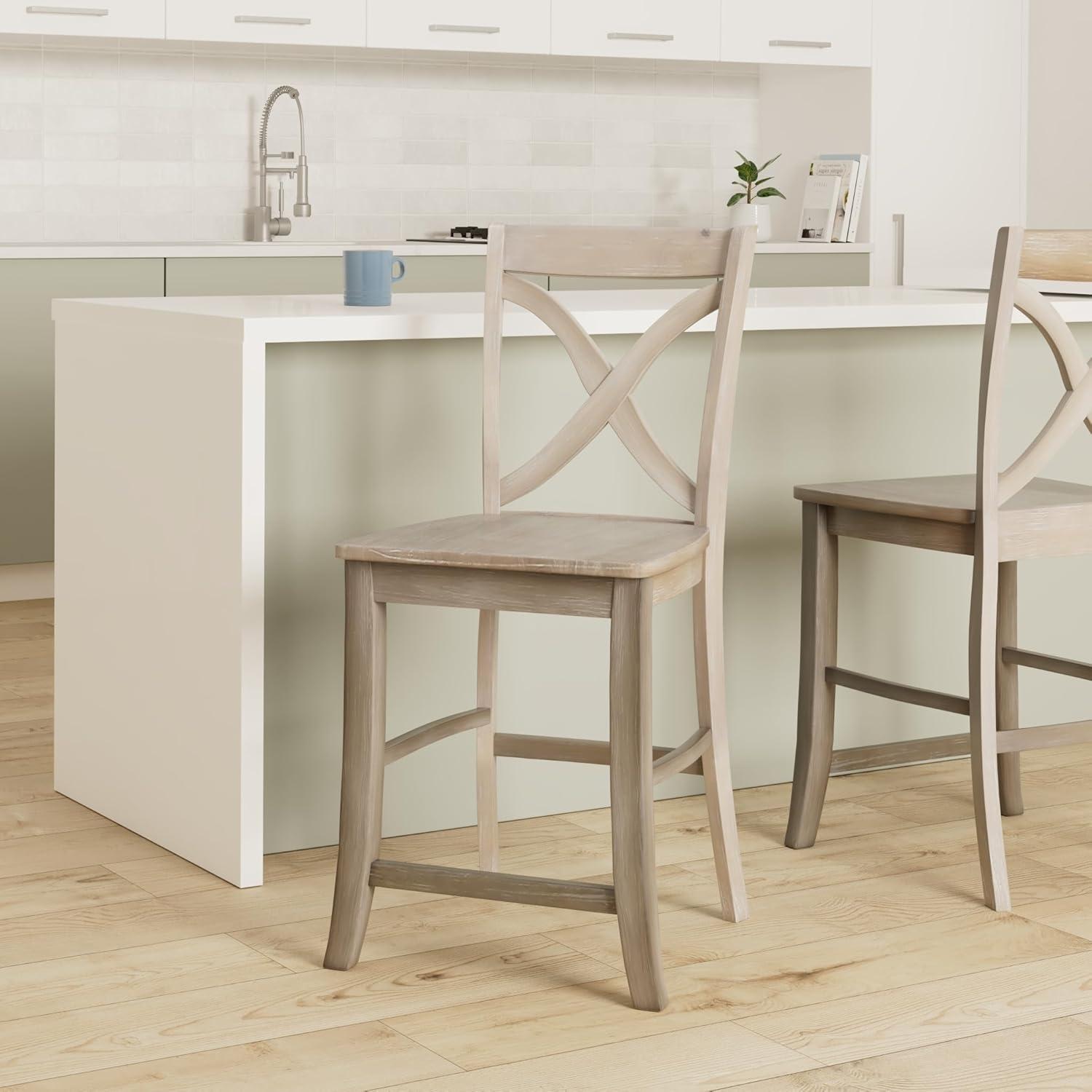 24" Vinyard Counter Height Barstool Washed Gray/Taupe - International Concepts: Solid Wood, X-Back Design