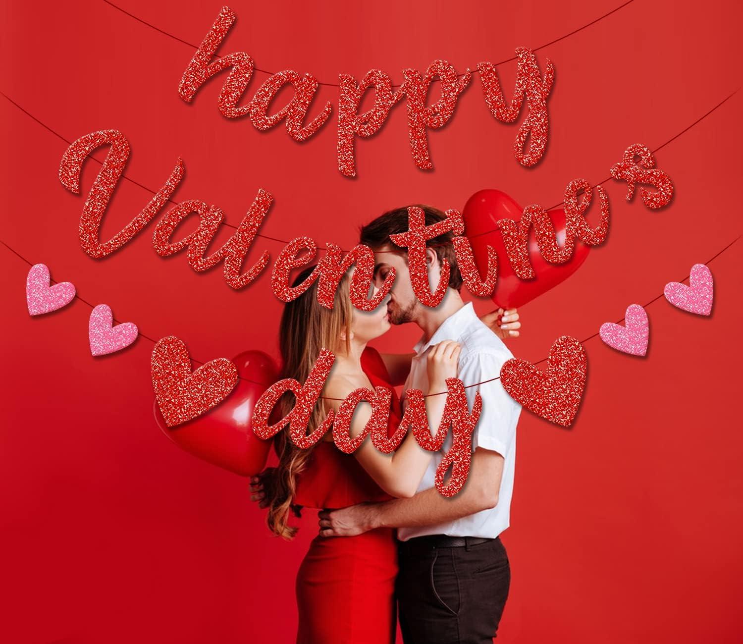 Glittery Heart Valentine's Day Banner, Red & Pink Sparkling Hollow Heart Shape DIY Paper Banner for Wedding Decoration