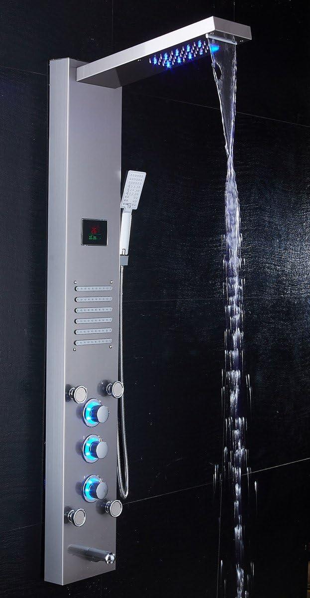 Brushed Nickel LED Rainfall Waterfall Shower Panel with Body Jets