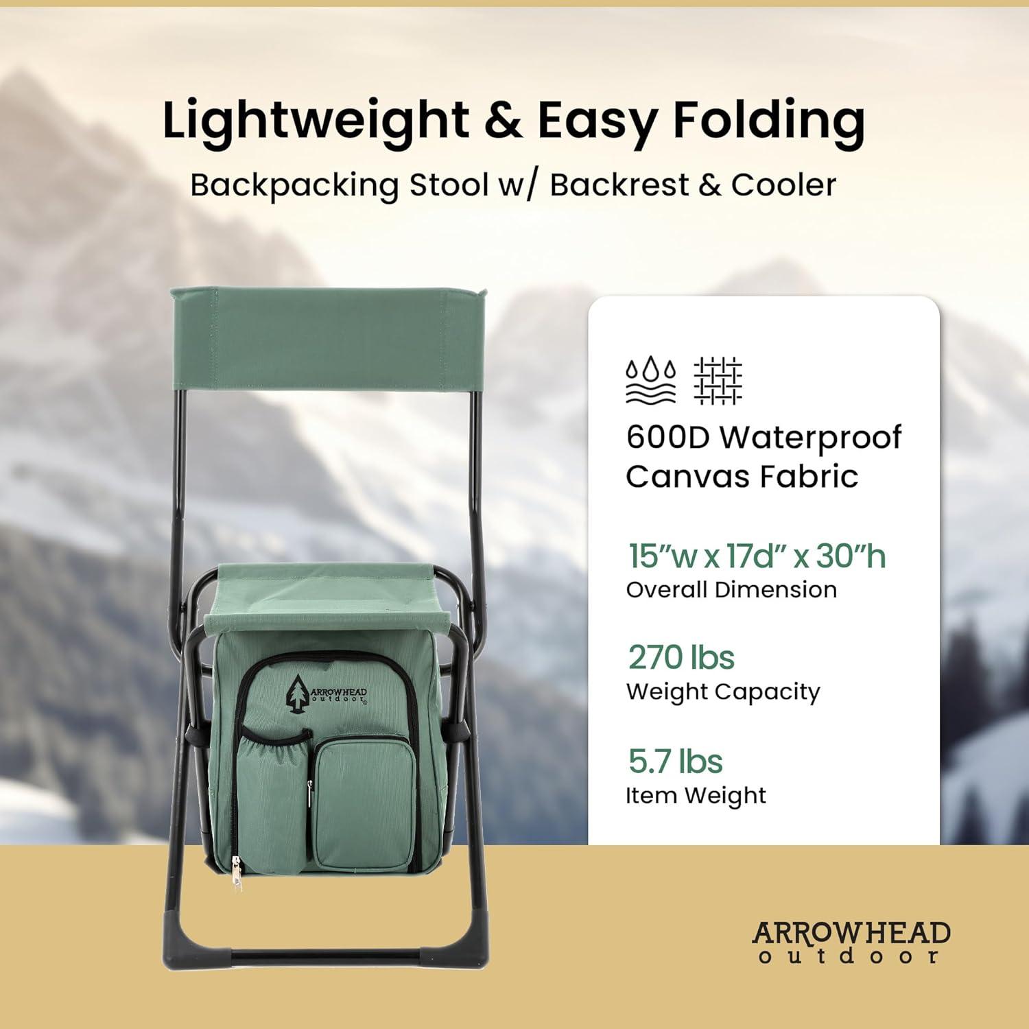 Arrowhead Outdoor Multi-Function 3-in-1 Compact Camp Chair: Backpack, Stool & Insulated Cooler, w/Bottle Holder & Storage Bag, Hiking (Forest Green)