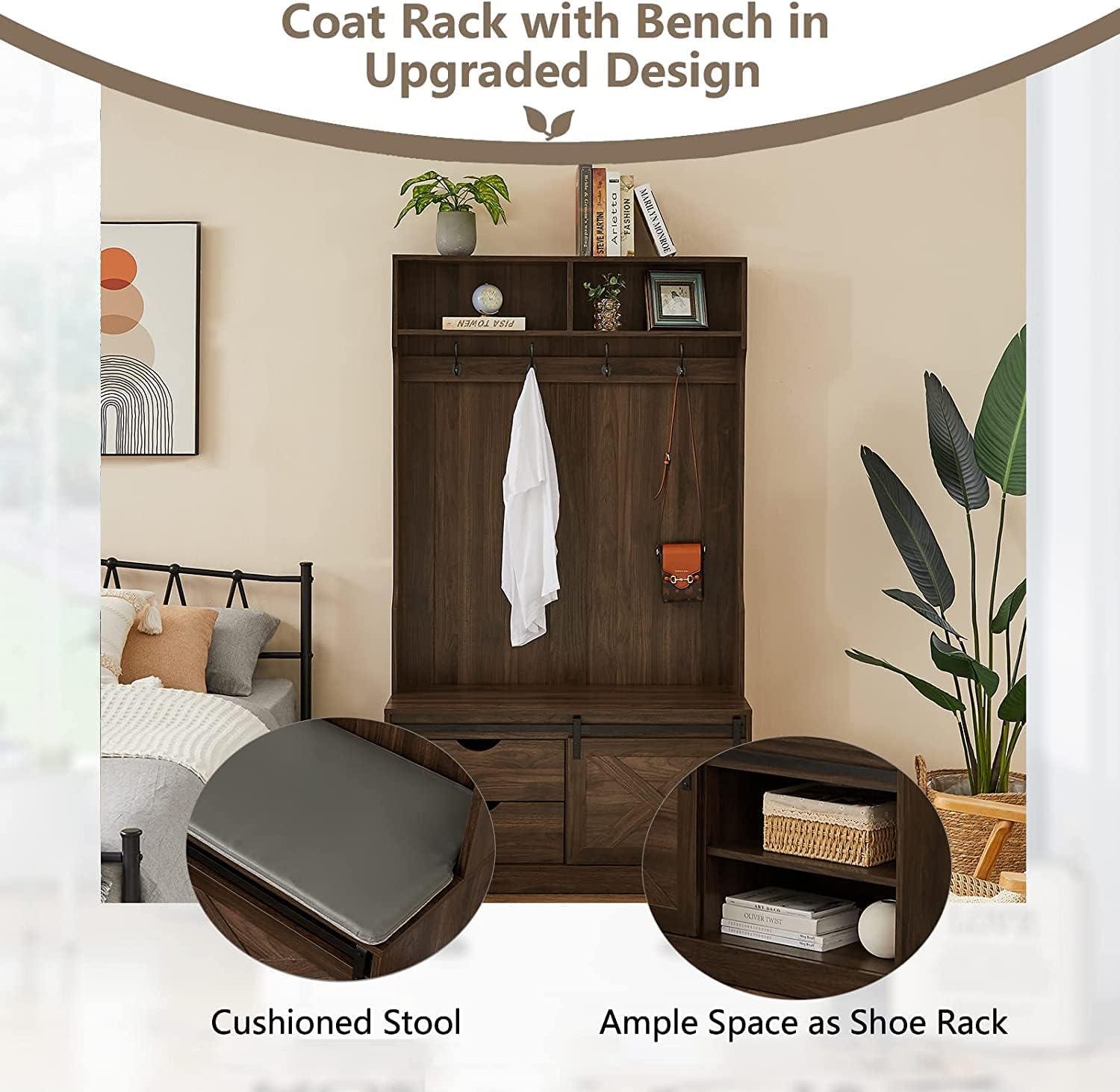 Betoko Hall Trees with Bench and Coat Racks, Farmhouse 71 Inch Entryway Bench with Sliding Barn Door, Wood Coat Tree Mudroom Storage Benches with Drawers (Walnut)