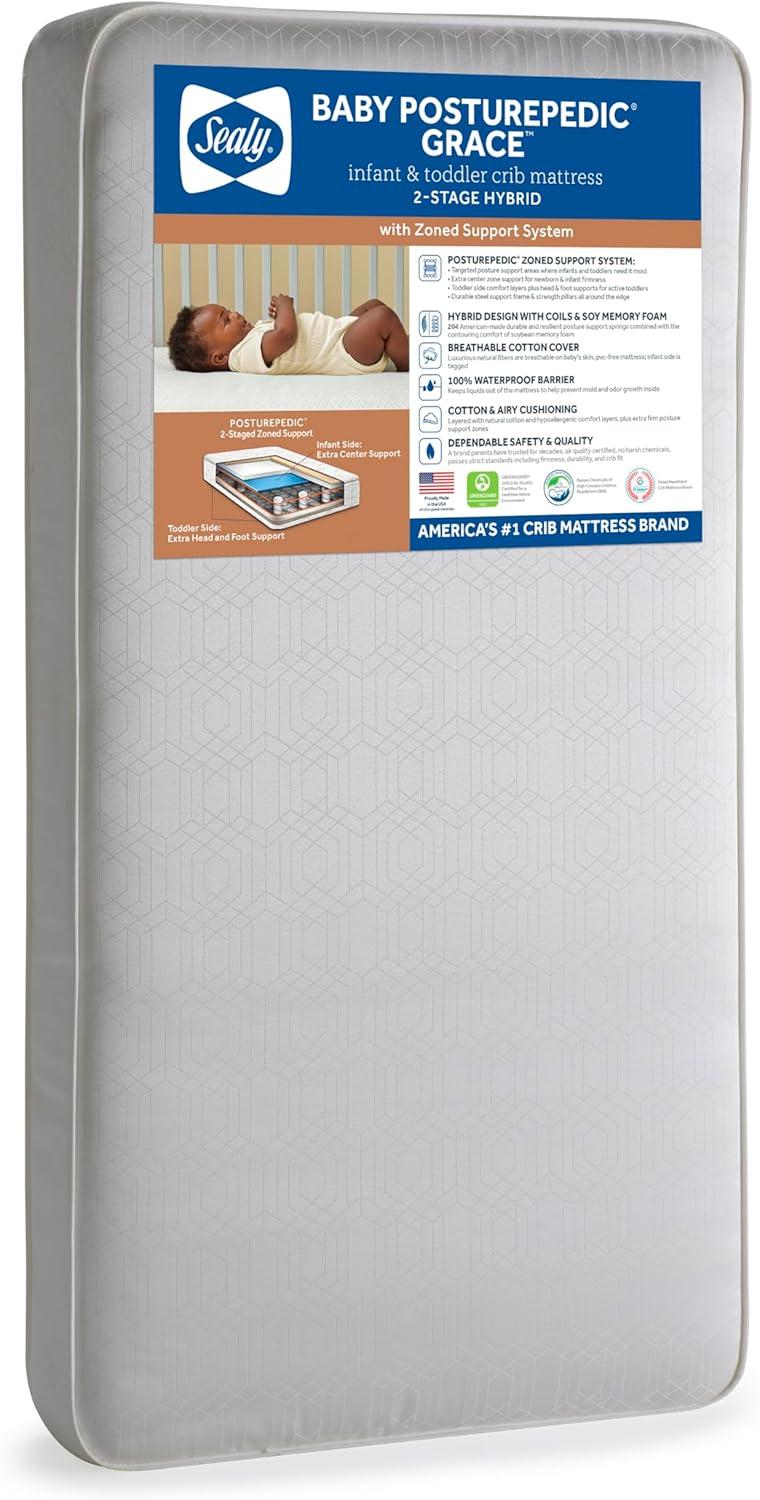 Sealy Posturepedic Grace Breathable Hypoallergenic 2-Stage Waterproof Baby Crib Mattress & Toddler Bed Mattress, GREENGUARD Gold Certified, 52" x 28"