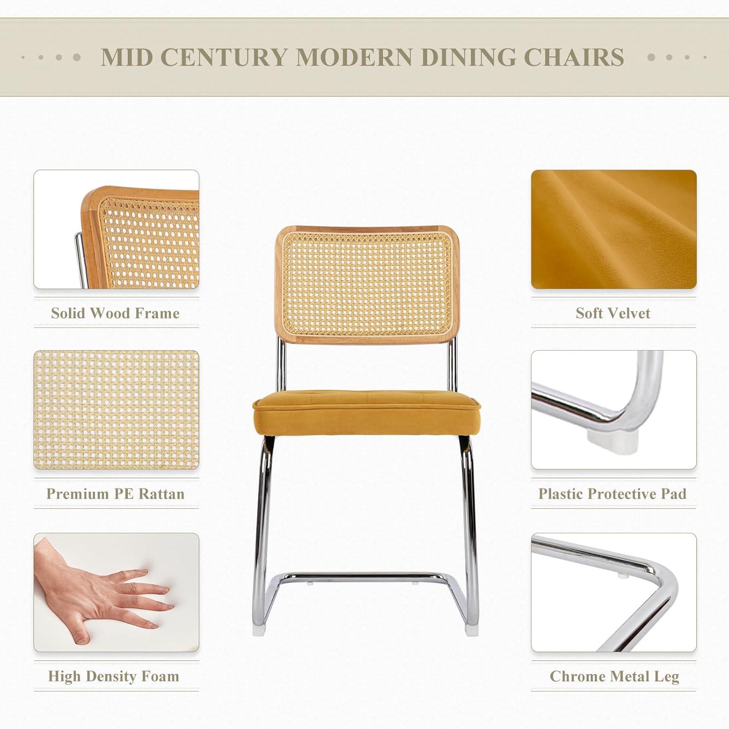 COLAMY Velvet Rattan Dining Chairs Set of 2, Mid Century Modern Dining Room Kitchen Side Chairs with Metal Chrome Legs and Upholstered Seat for Home, Living Room, Bedroom - Yellow