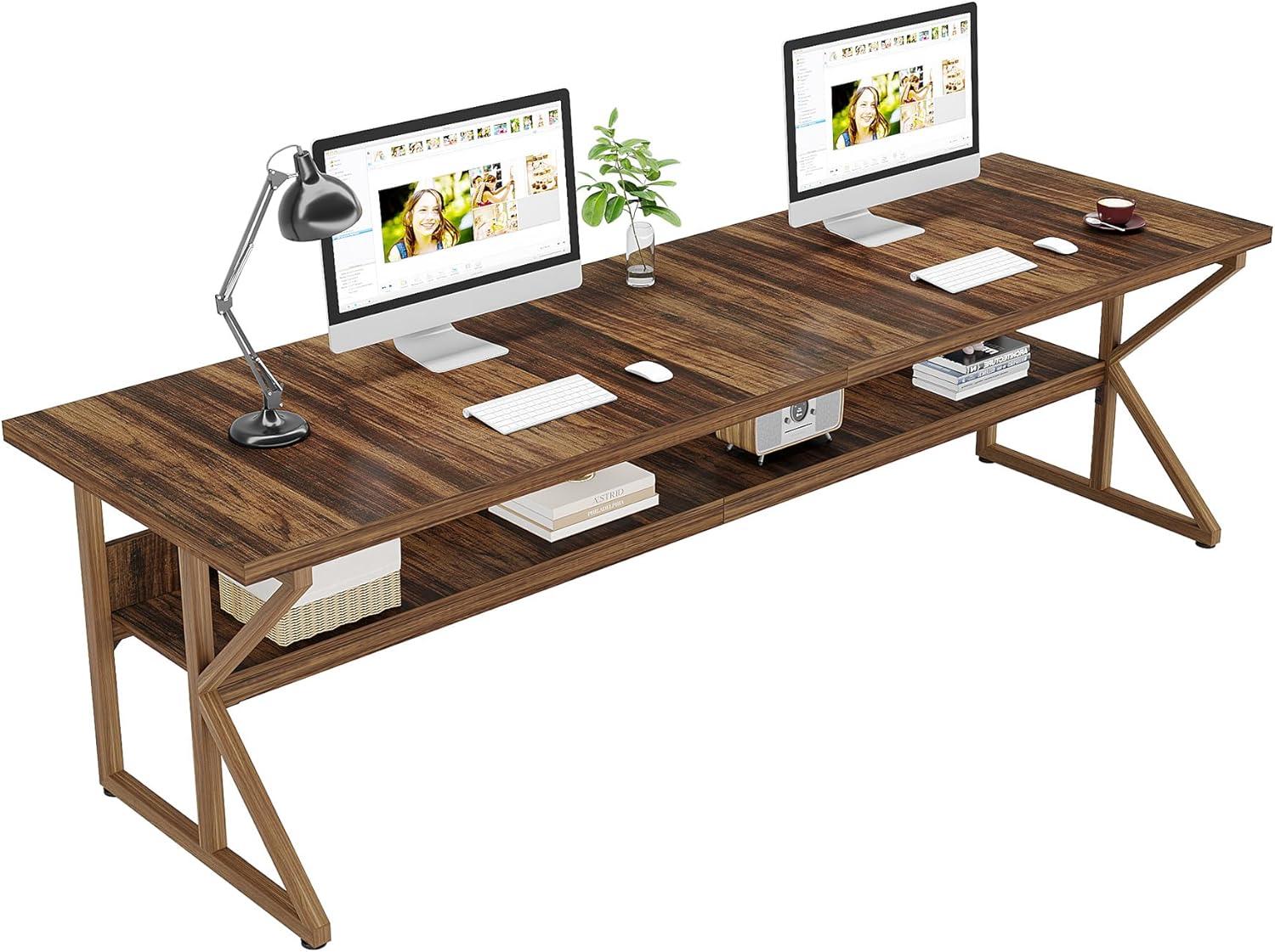 Brown Wood 79-Inch Double Desk with Storage Shelf