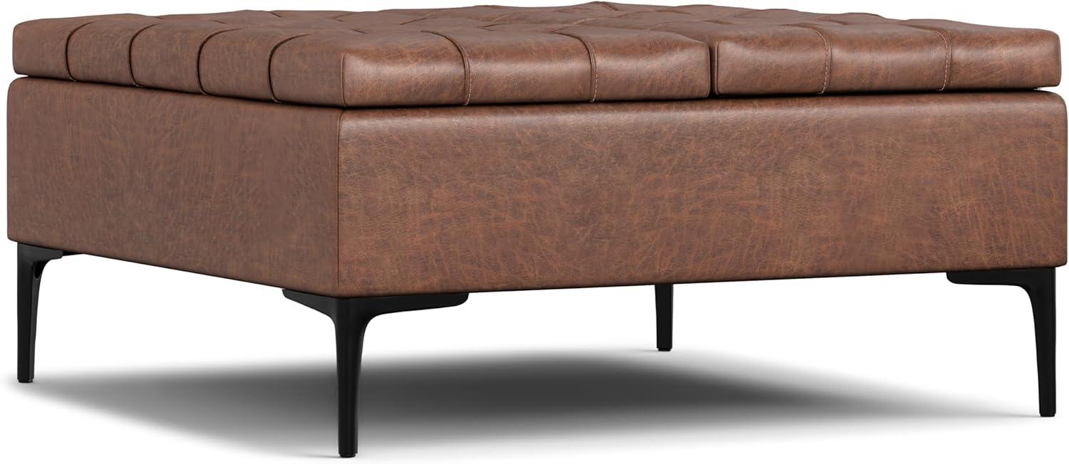 Simpli Home Laura 36 inch Wide Mid Century Square MidÂ CenturyÂ Lift TopÂ Storage Ottoman in Distressed Saddle Brown Vegan Faux Leather