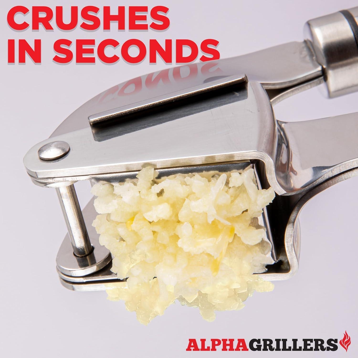 Alpha Grillers Garlic Press Stainless Steel Mincer and Crusher with Silicone Roller Peeler. Rust Proof, Easy Squeeze, Dishwasher Safe, Easy Clean