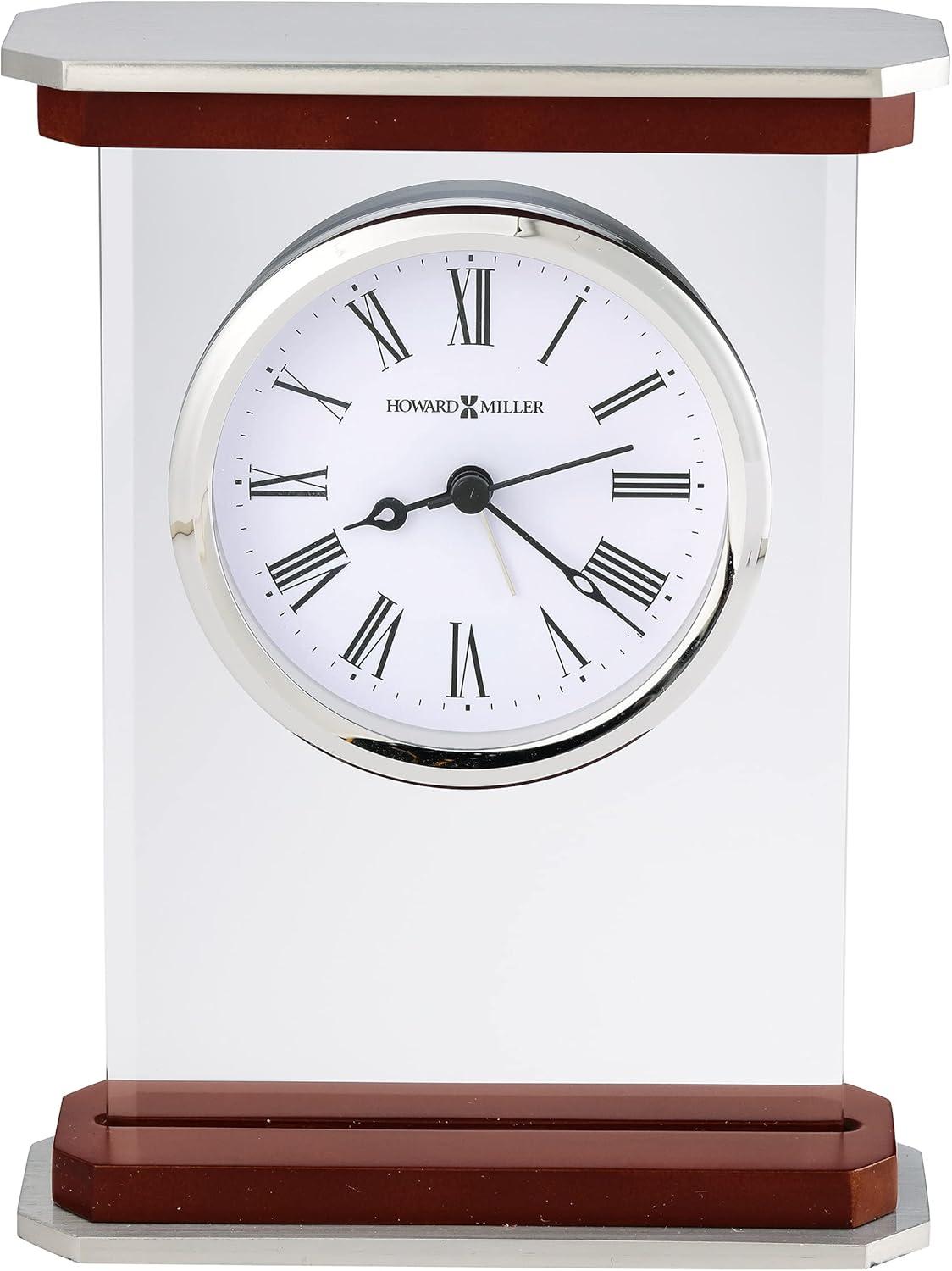 Howard Miller® Mayfield Modern & Contemporary Roman Numeral Rosewood Quartz Movement / Crystal Tabletop Clock with Alarm in White/Brown/Silver