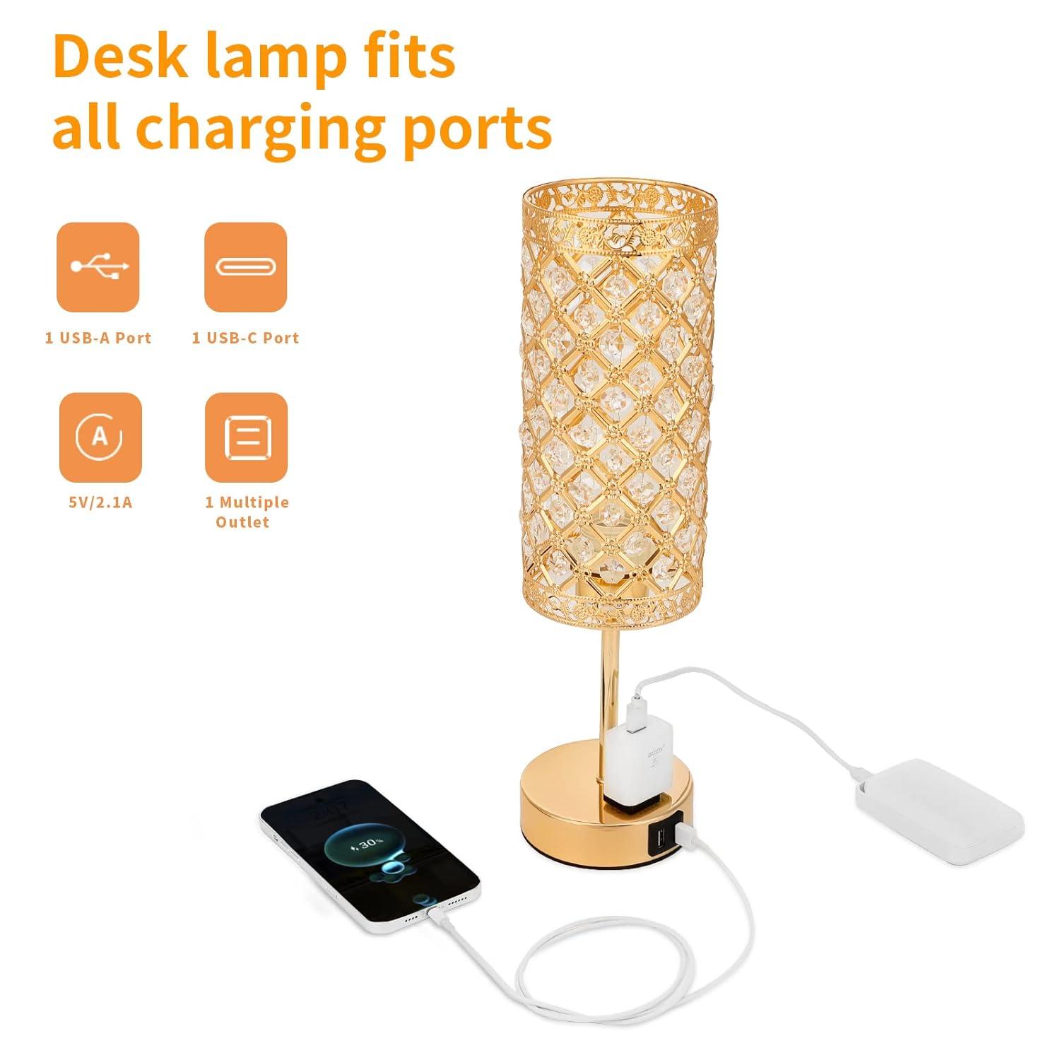 USB Crystal Table Lamp, Gold Table Lamp USB A+C Charging Ports&Multiple Outlet,3 Way Dimmable Bedside Lamp Decorative Modern Nightstand Lamp with Bulb for Living Room Bedroom Sofa Table