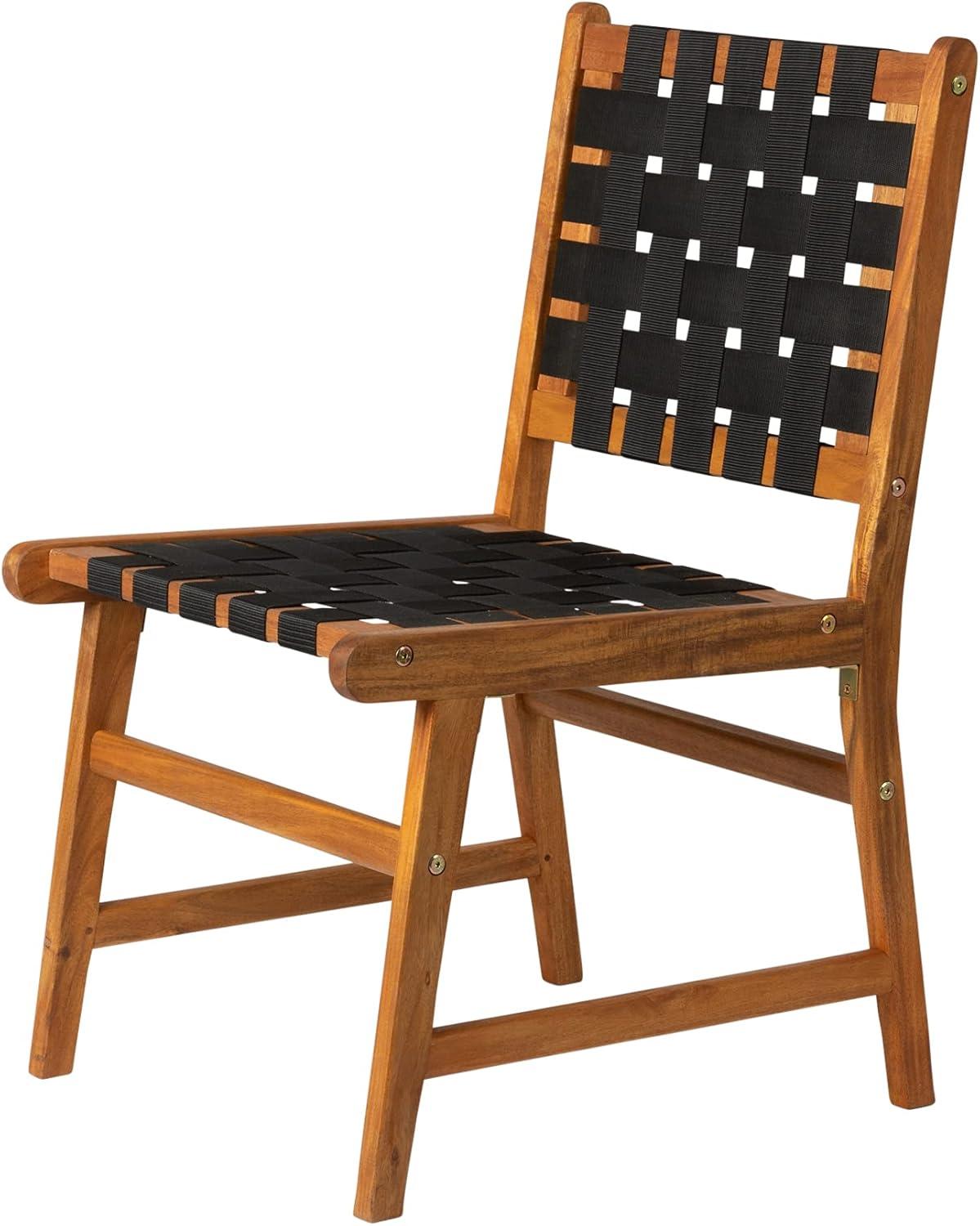 Balkene Home Sava Indoor Outdoor Armless Dining Side Chair, Portable Seating, Acacia Wood Woven Seat - Black Webbing