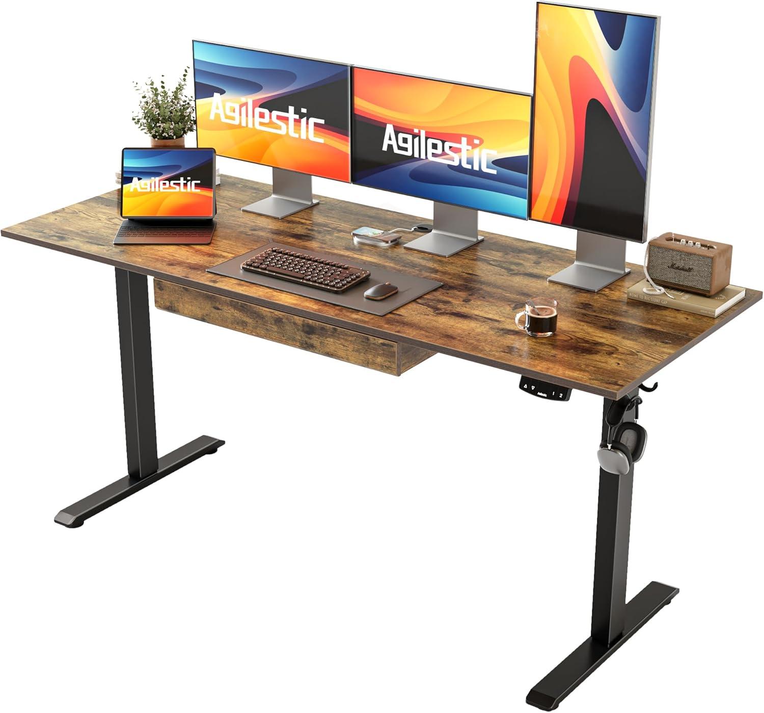 Rustic Brown Adjustable Height Standing Desk with Cup Holder and Headphone Hook