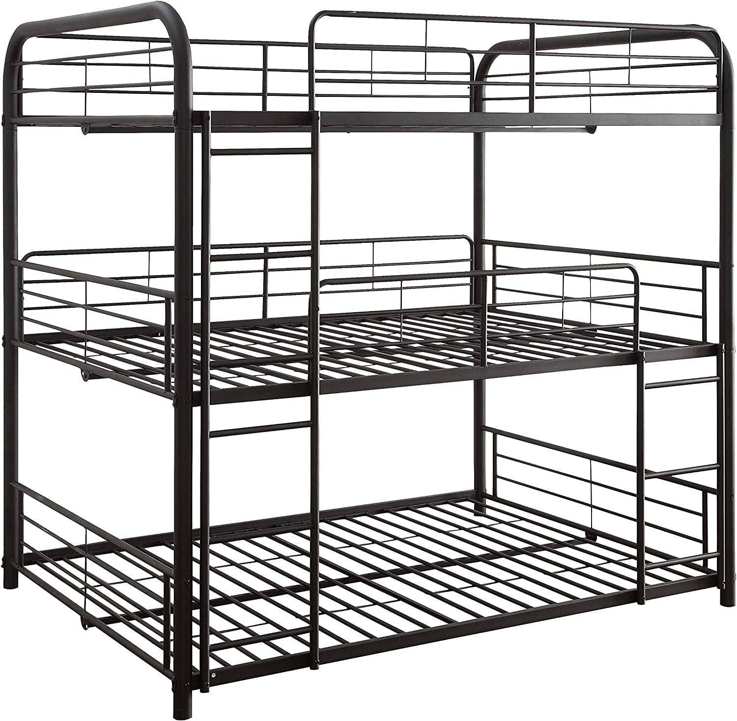 Triple Layer Twin Size Metal Bunk Bed with Attached Ladder, Black- Saltoro Sherpi