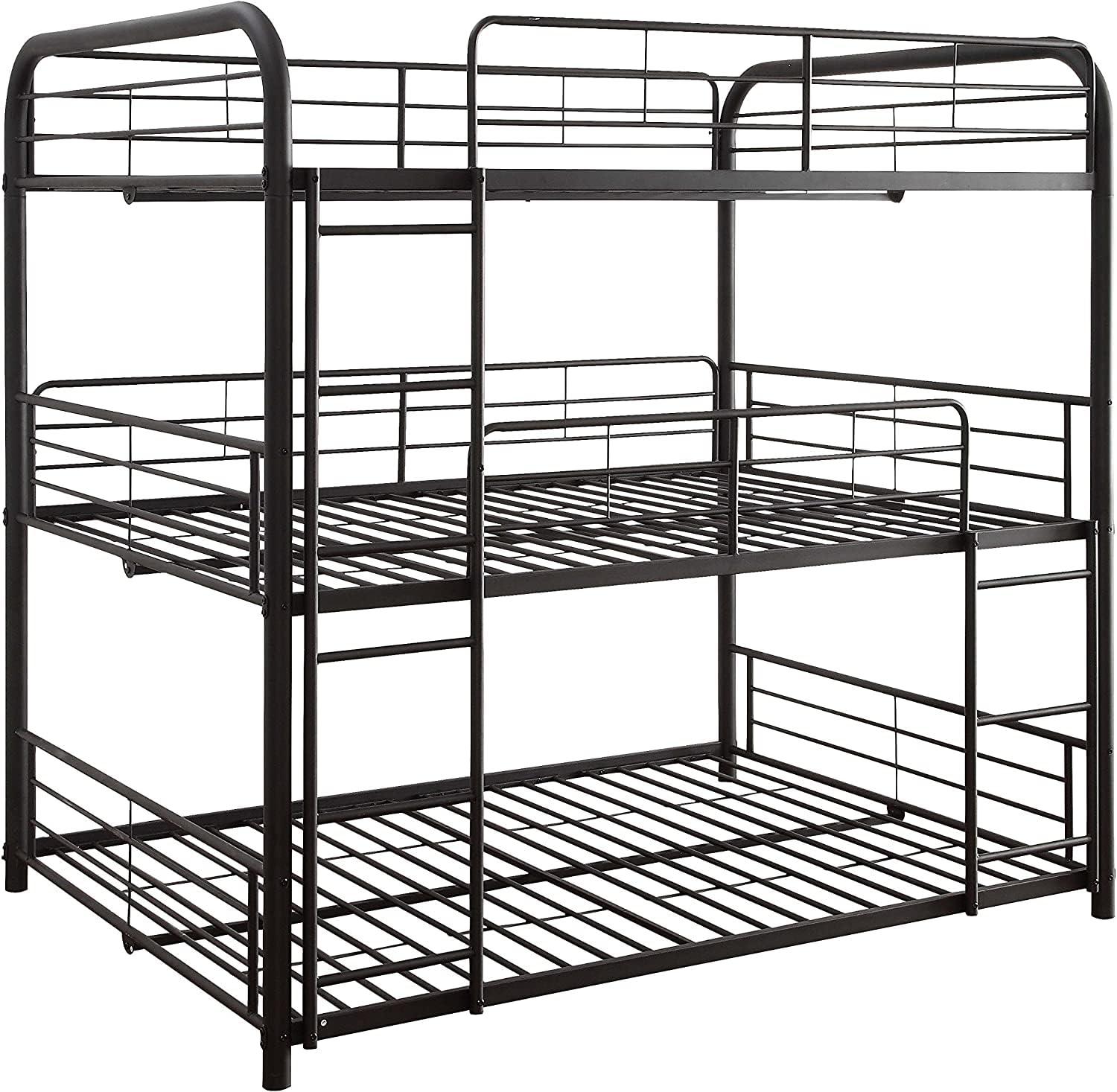 Triple Layer Twin Size Metal Bunk Bed with Attached Ladder, Black- Saltoro Sherpi