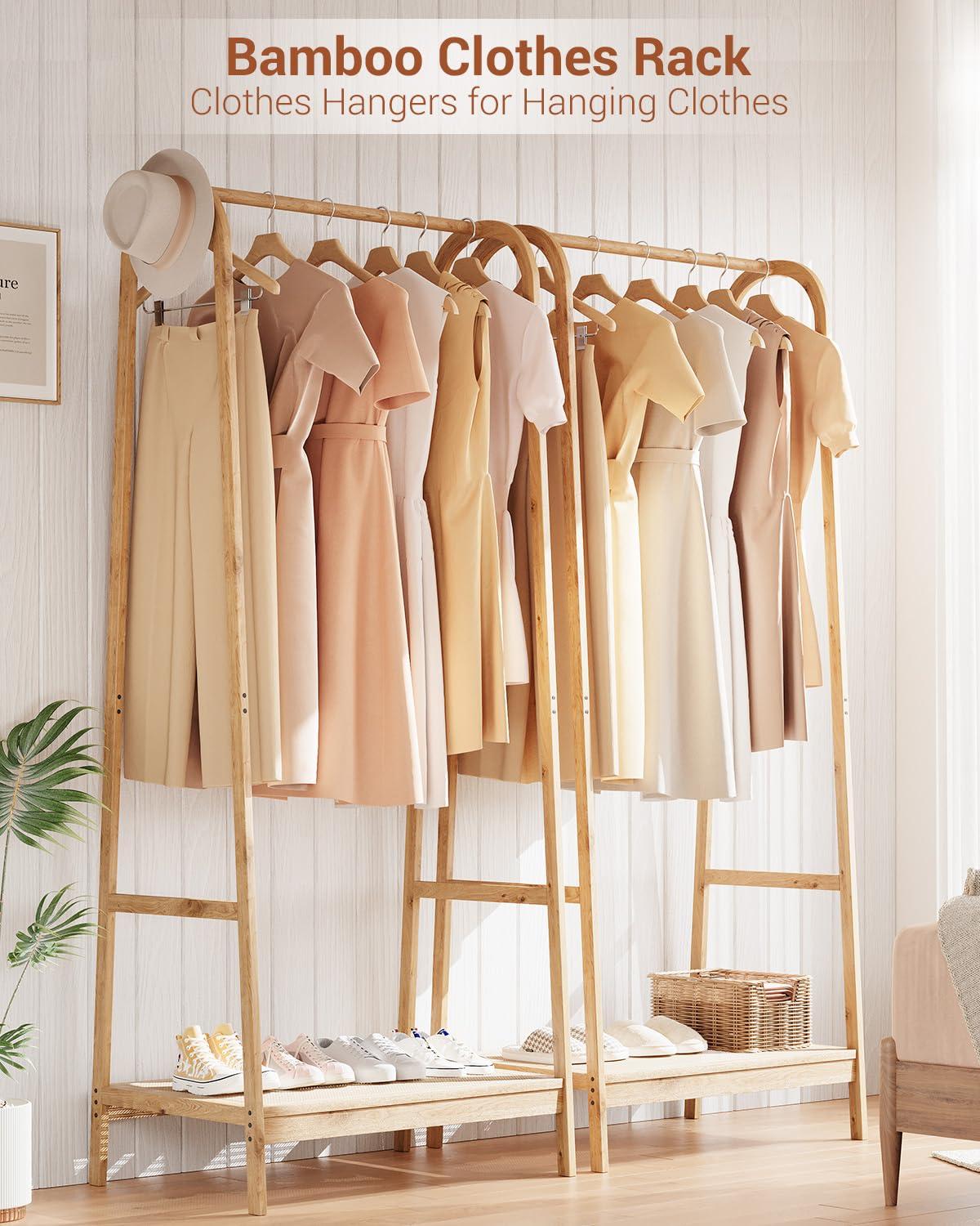 Garvee Bamboo Freestanding Garment Rack, Clothing Rack with Storage Shelf for Bedroom, Balcony, Clothes Store, Clothing Storage Organizer, Natural