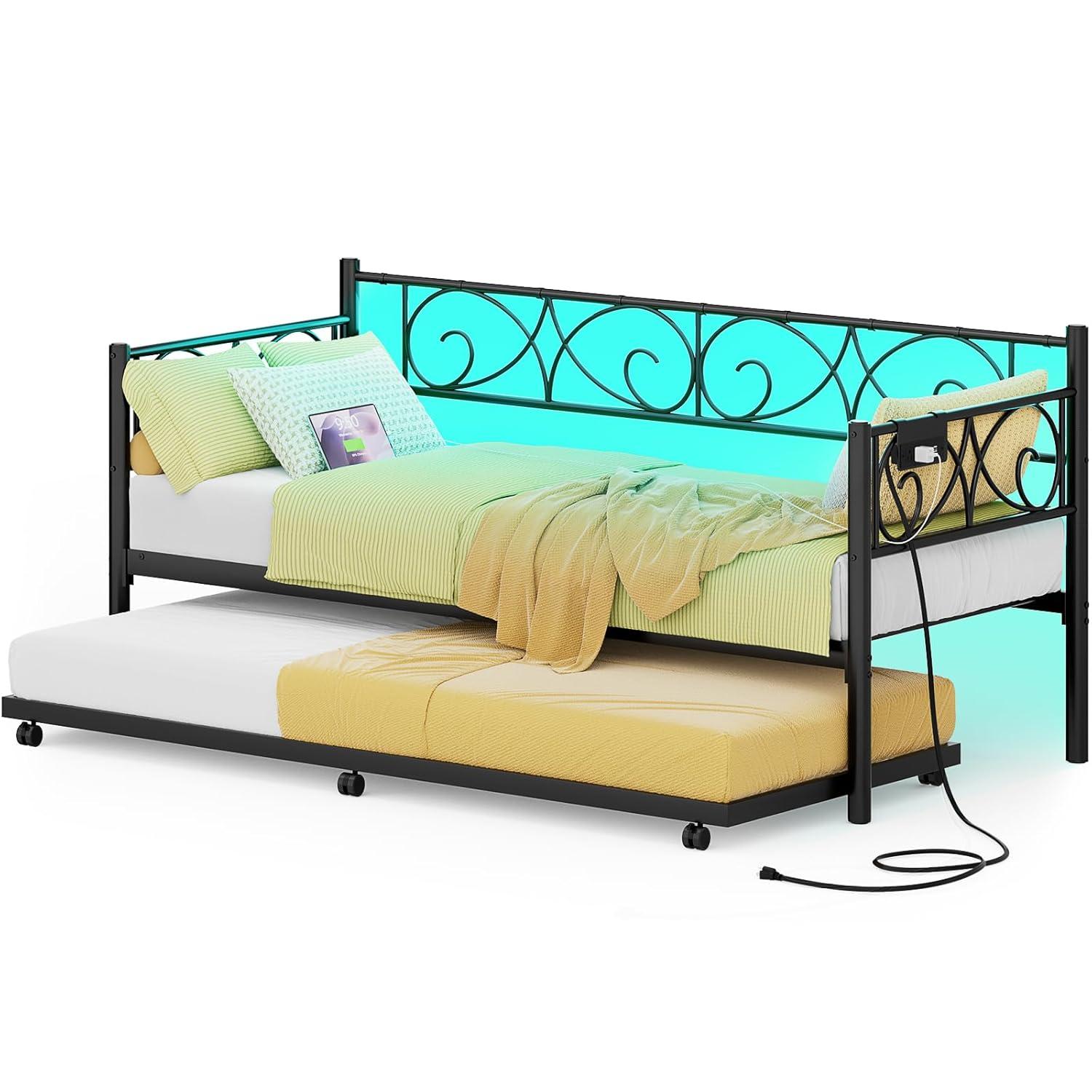 iSunirm Twin Size Daybed with Trundle Bed, Charging Station and LED Lights, Aron Art Headboard Day Bed, All Thick Metal Frame Heavy Duty, Built for Guest Room/Living Room/Bed Room