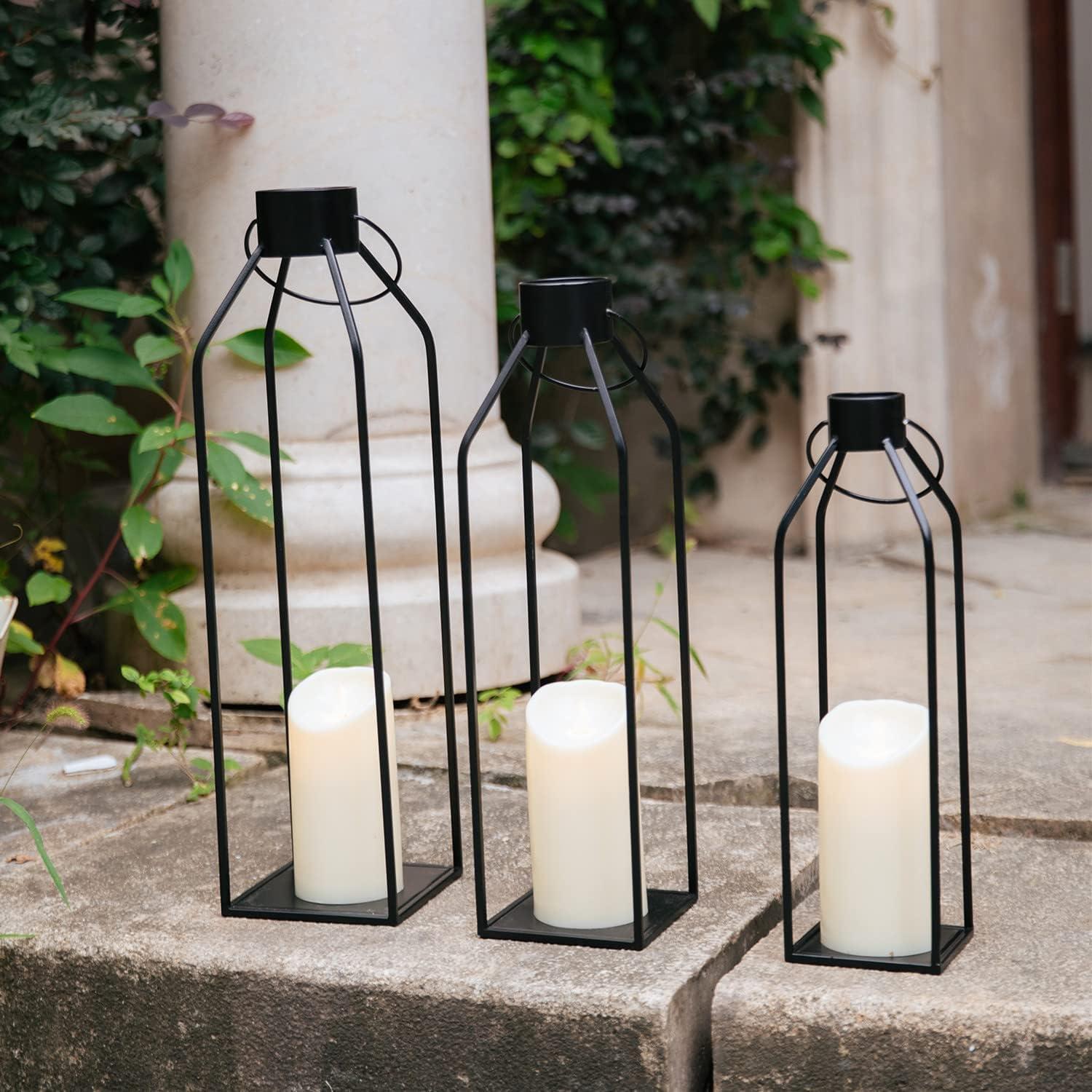 Black Metal Tabletop and Hanging Candle Lantern Set with LED Candles