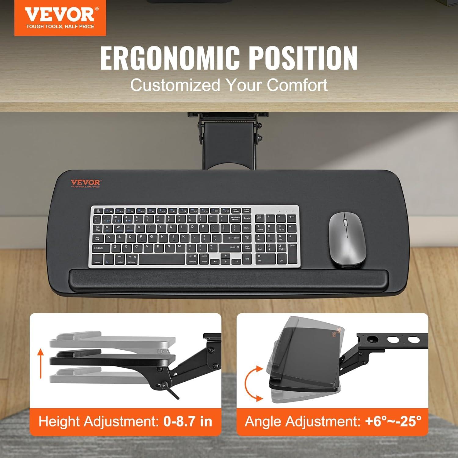 Keyboard Tray under Desk Adjustable Height, Height and Angle Adjustable under Desk Keyboard Tray Slide out, Large 25x9.8 inch Keyboard Holder under Desk for Typing in Home, Office Work